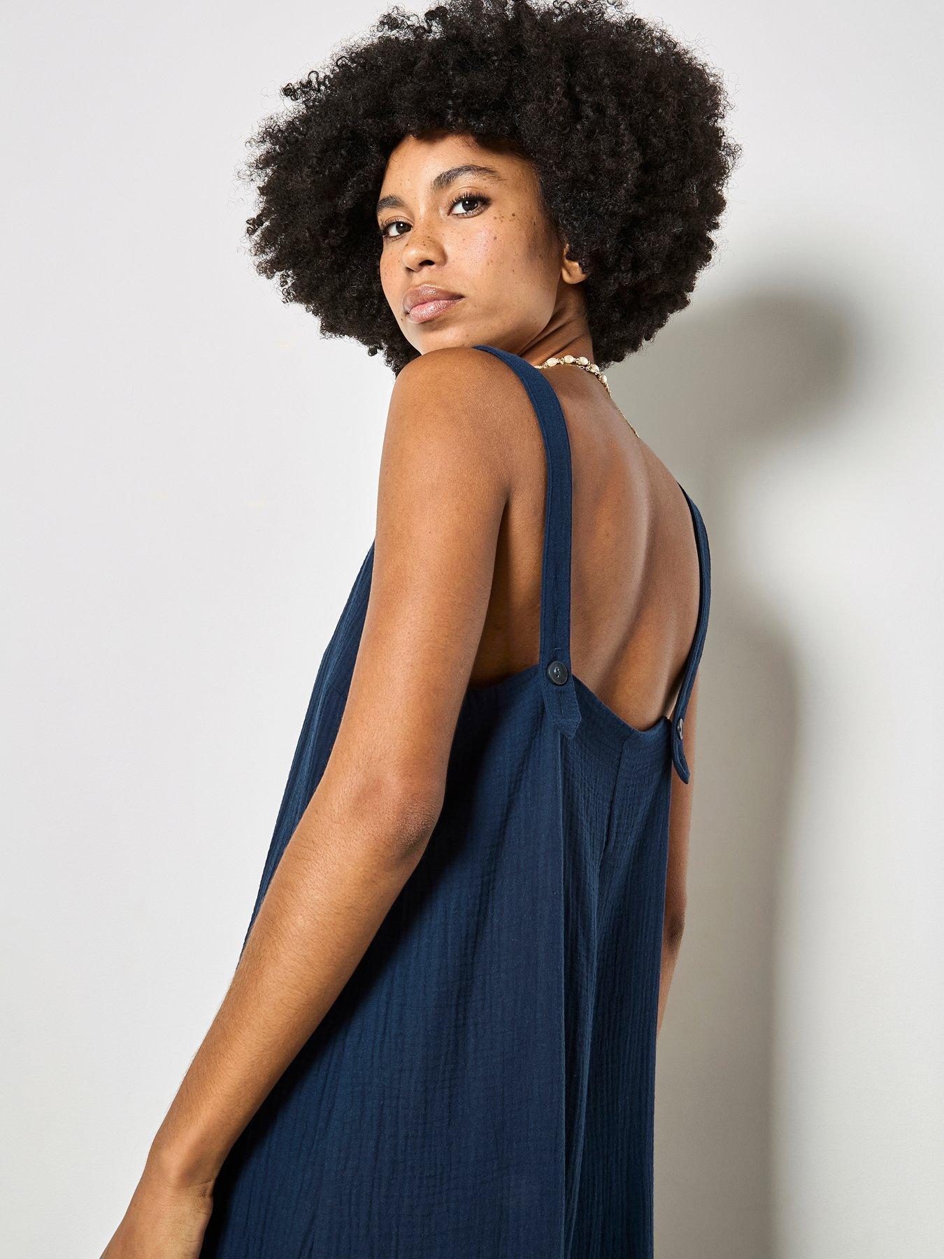 Image 4 of 4 of Apricot Double Weave Cotton Jumpsuit - Blue