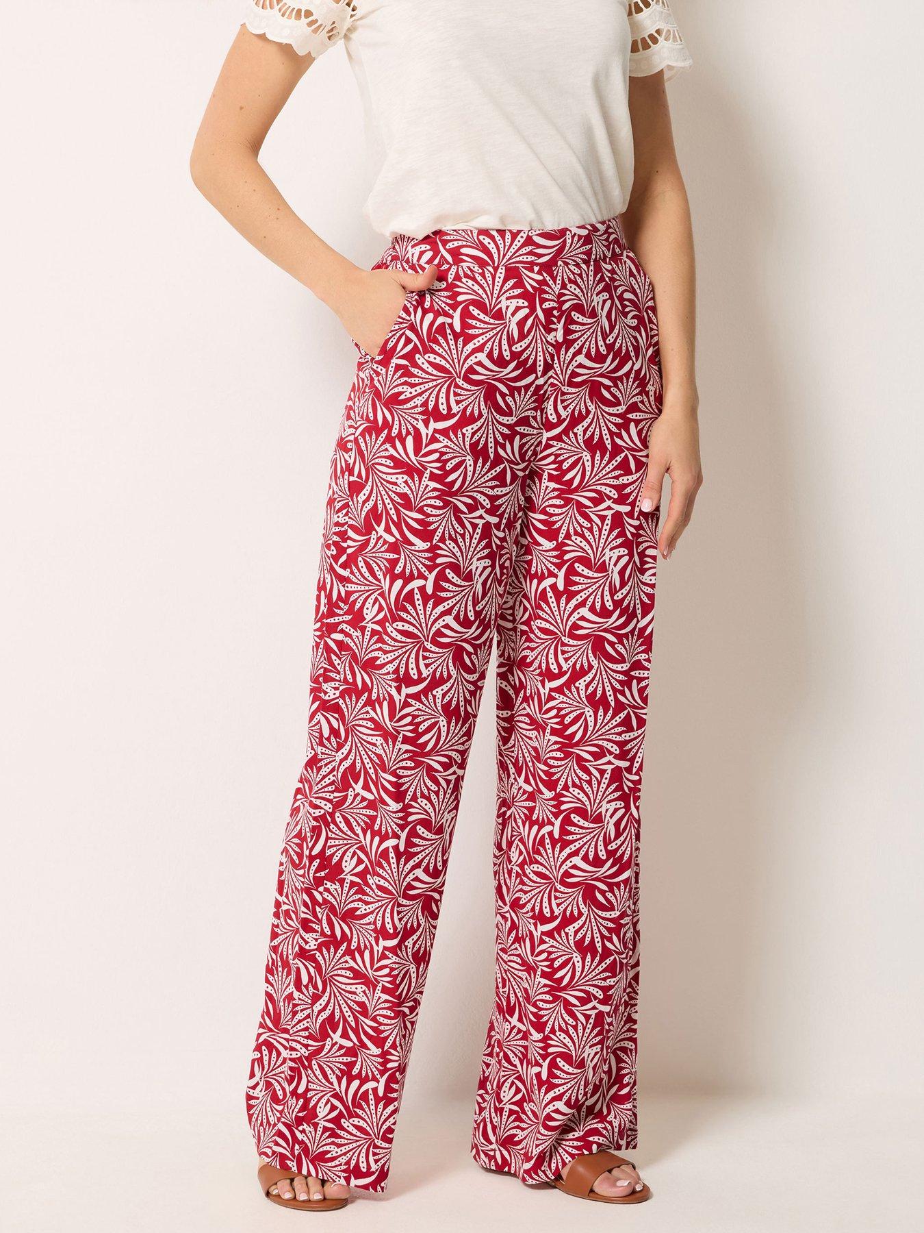 Long Tall Sally Leaf Print Wide Leg Trousers 36" - Red
