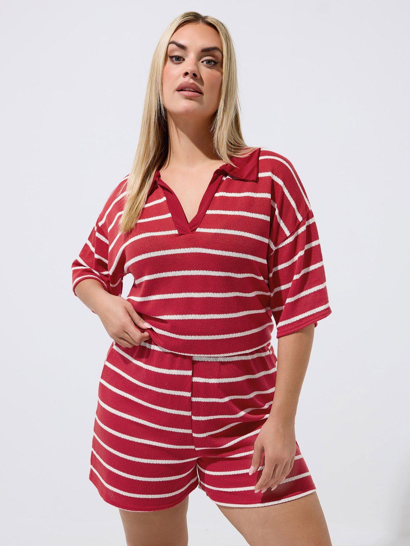 Yours Curve Crochet Stripe Short - Red