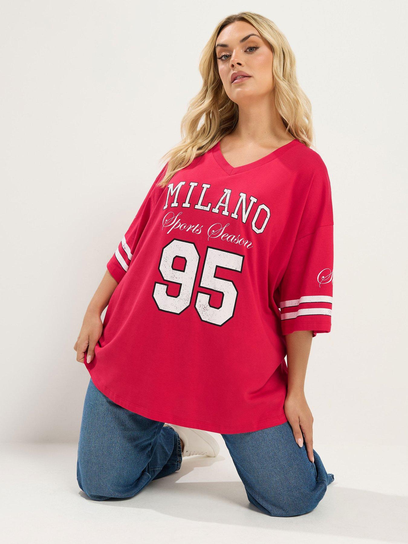 Yours Curve Varsity Placement V-Neck Boxy T-Shirt - Red