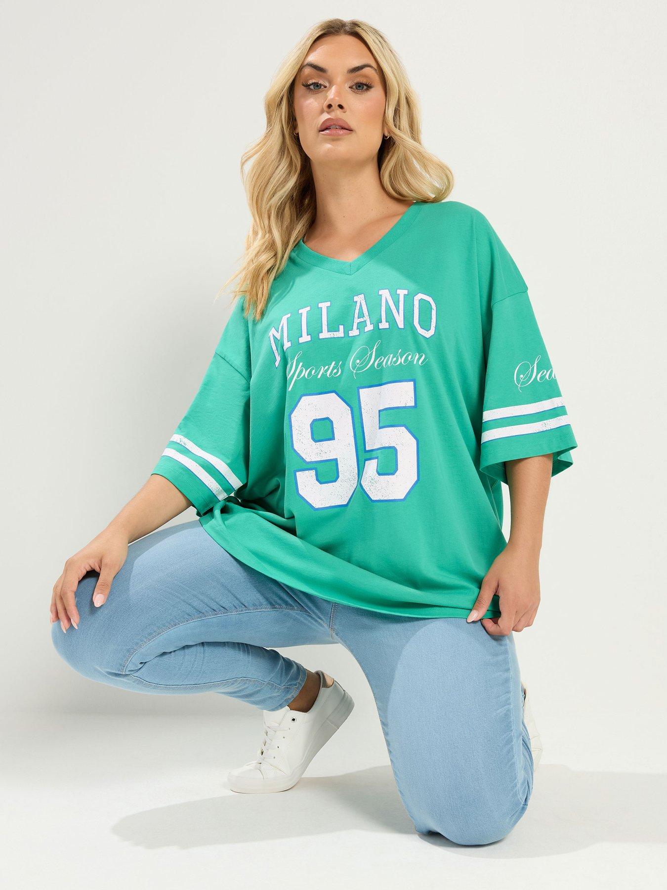 Yours Curve Varsity Placement V-Neck Boxy T-Shirt - Green
