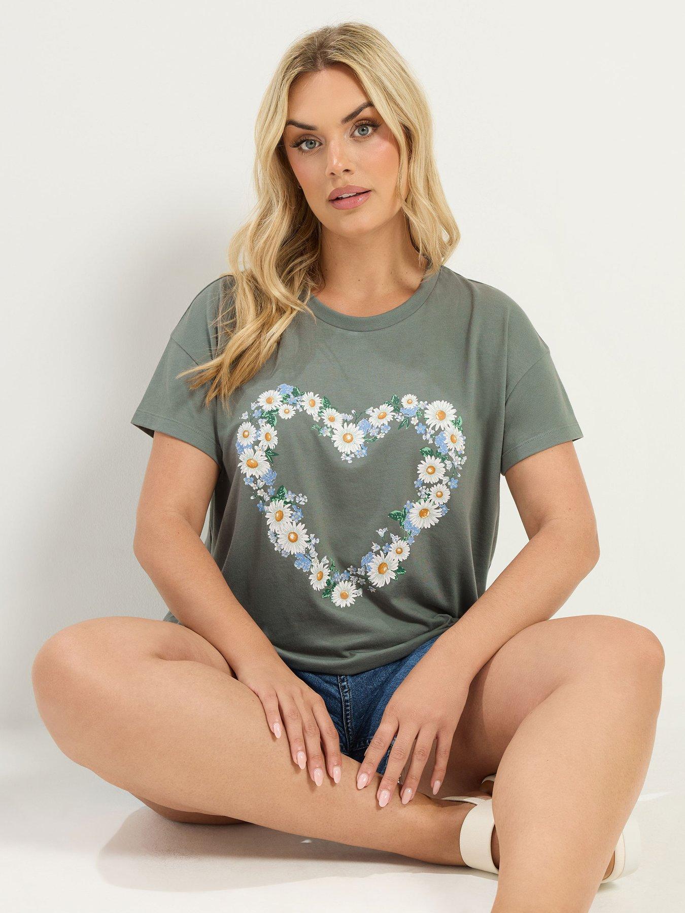 Yours Curve Daisy Heart T-Shirt - Green