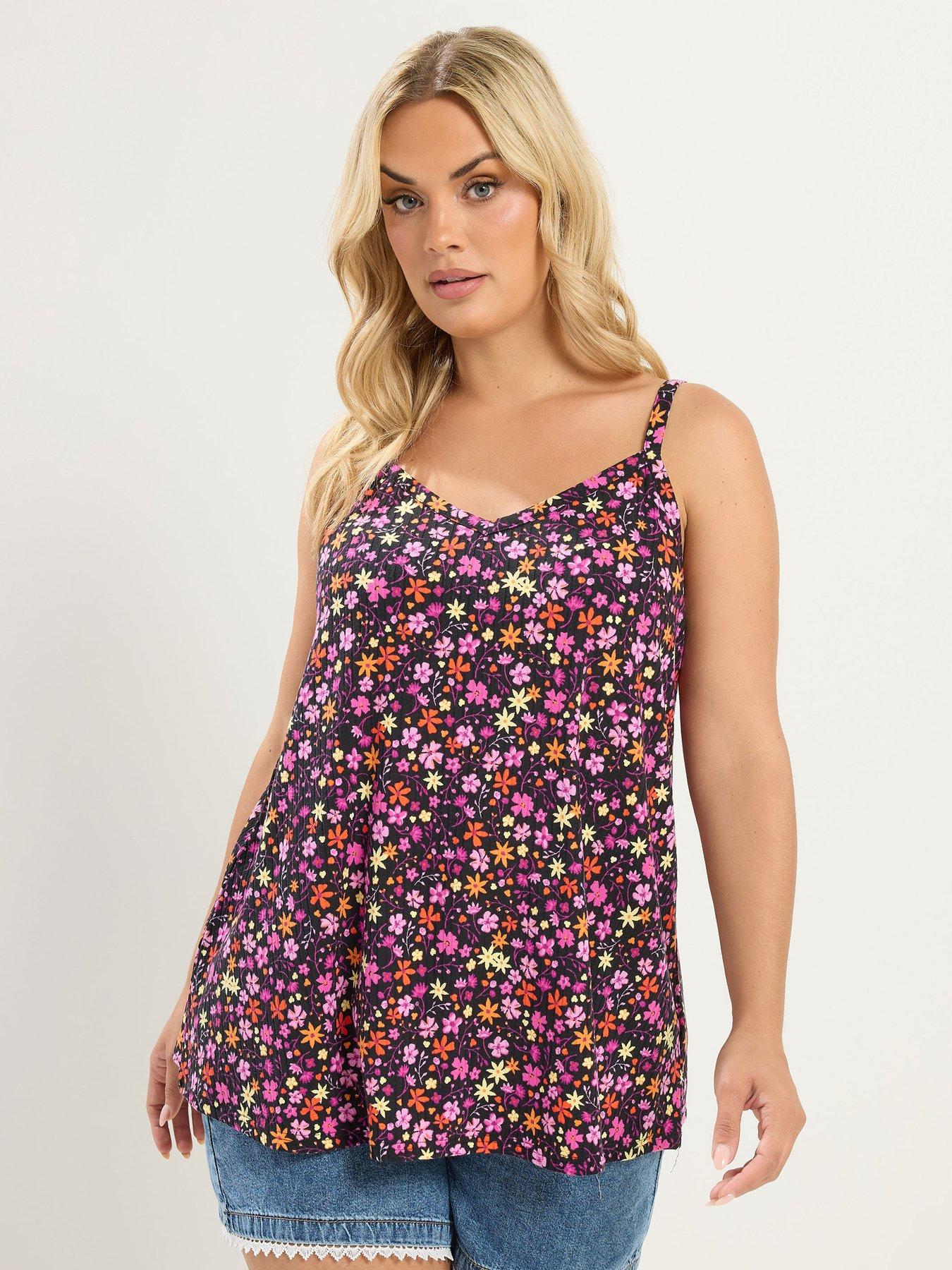Yours Curve Floral Ribbed Swing Vest Top - Pink