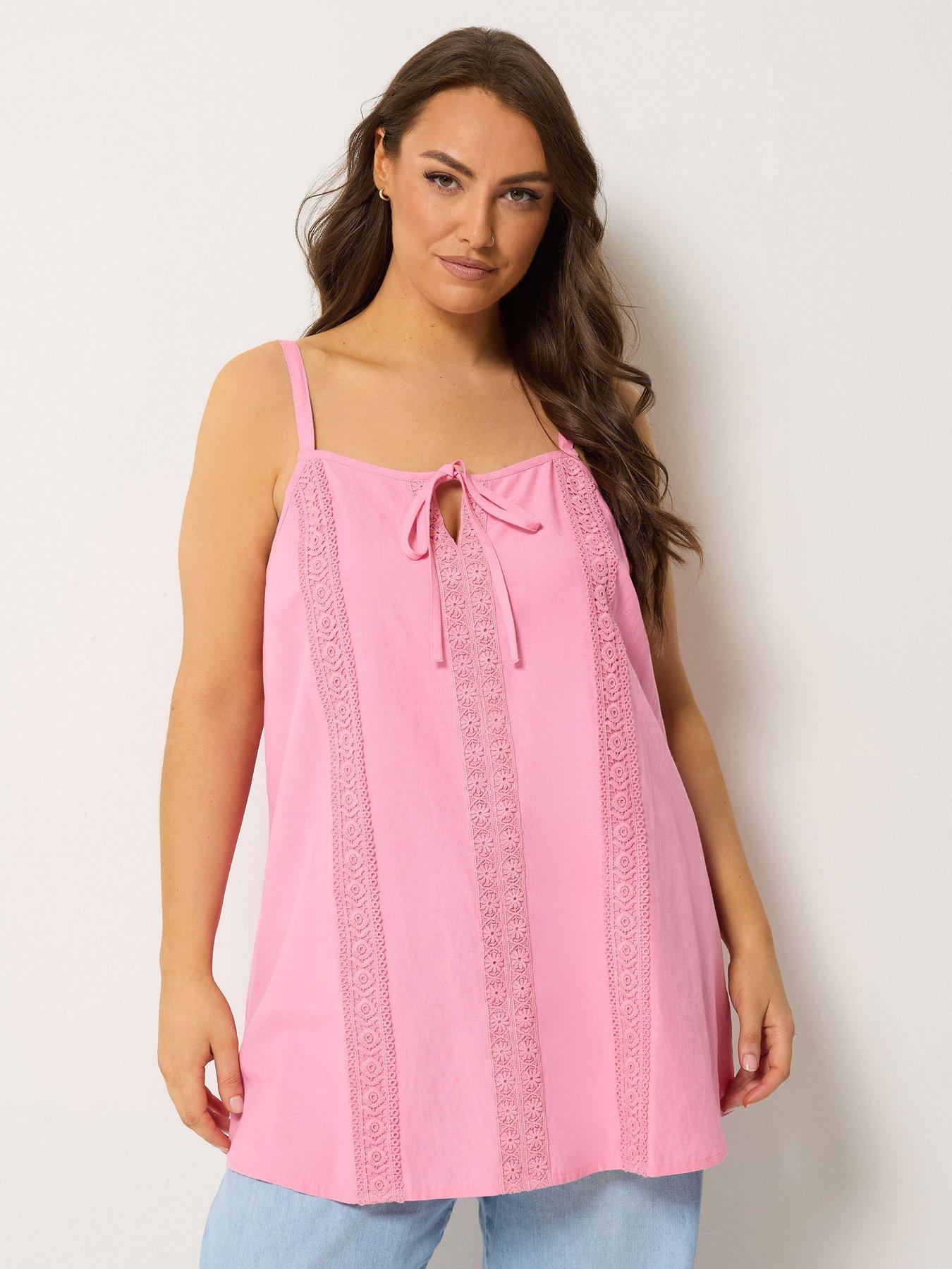 Yours Curve Tie Front Crochet Cami Top - Pink