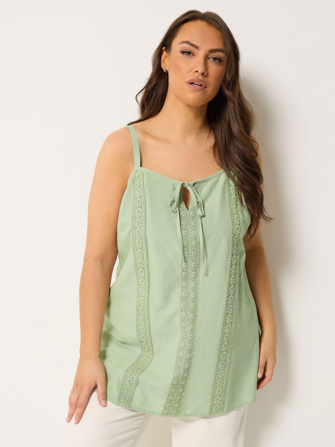 Yours Curve Tie Front Crochet Cami Top - Green