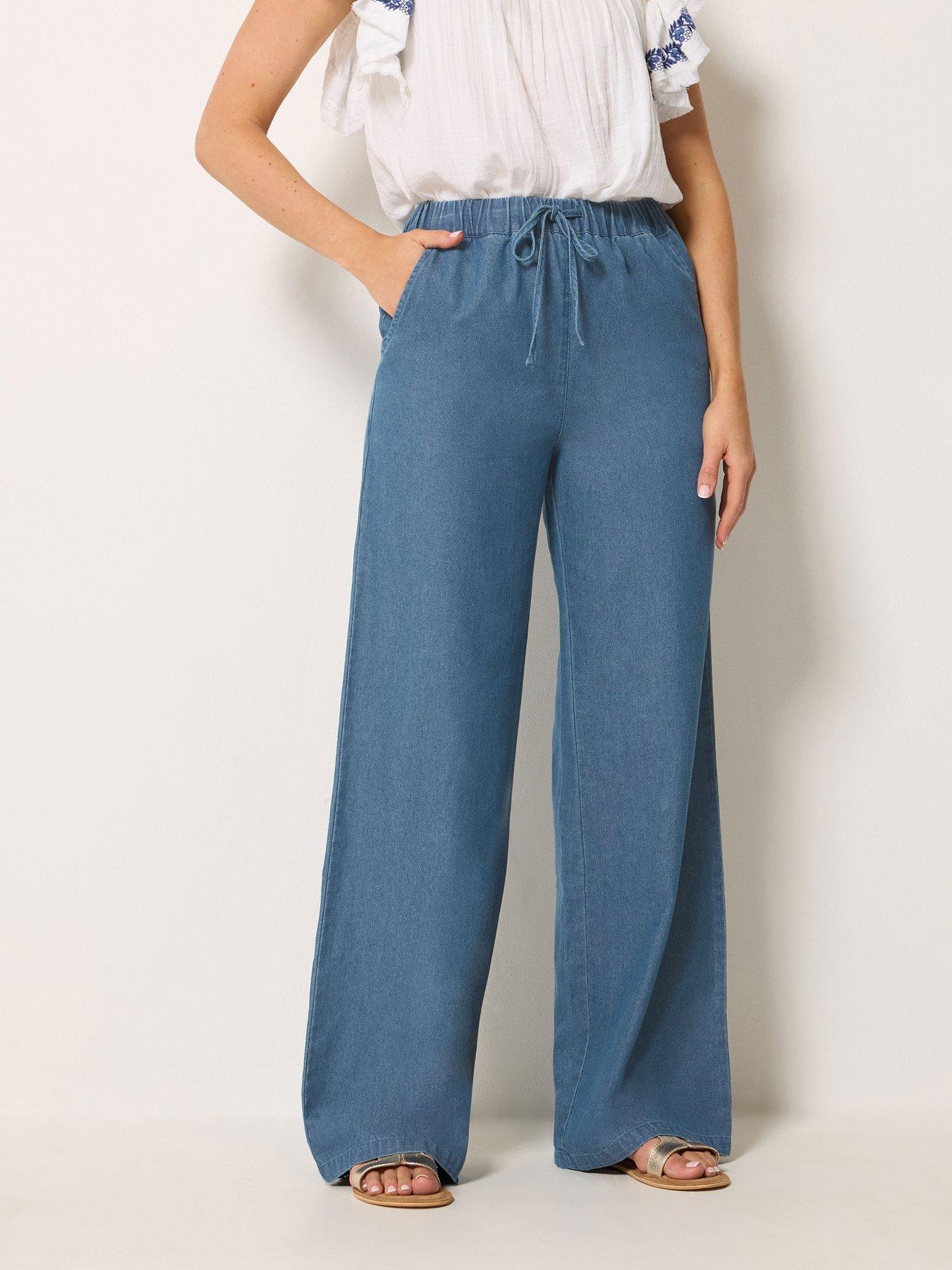 Long Tall Sally Wide Leg Mid Wash Pull On Jeans 34" - Blue