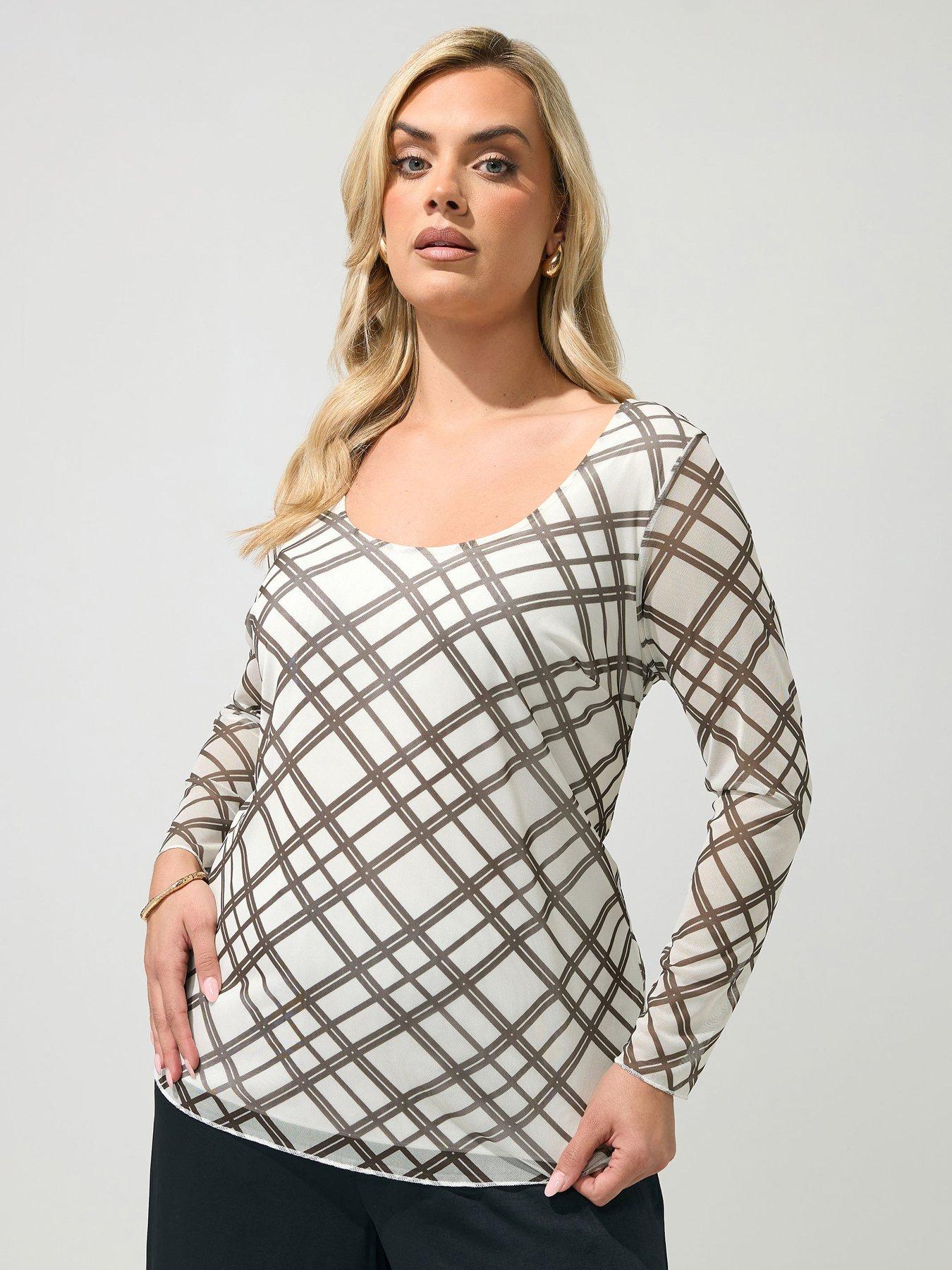 Yours Curve Check Mesh Top - Cream