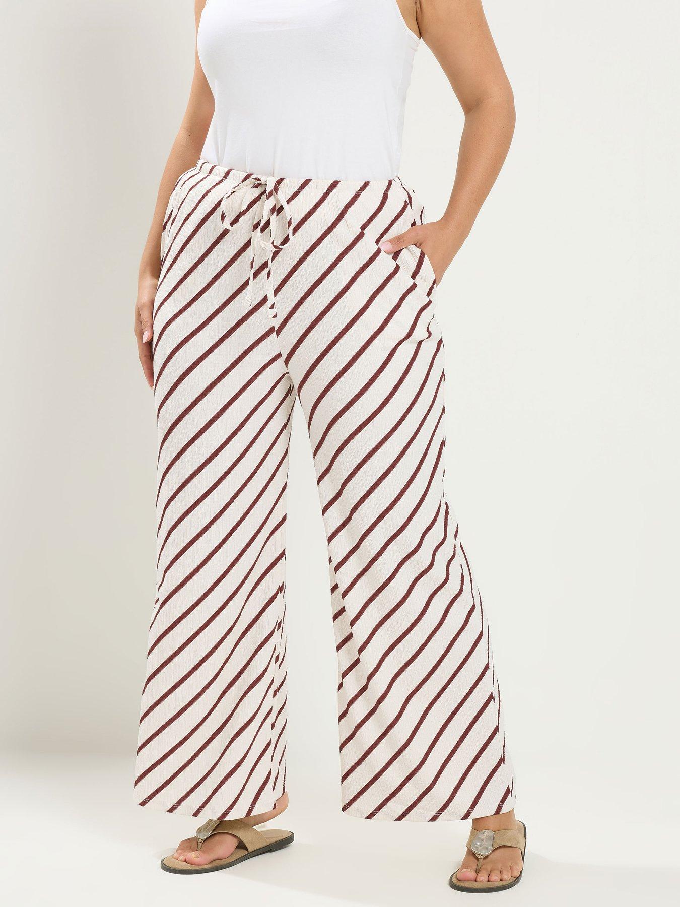 Yours Curve Stripe Wide Leg 30" Trousers  - Cream