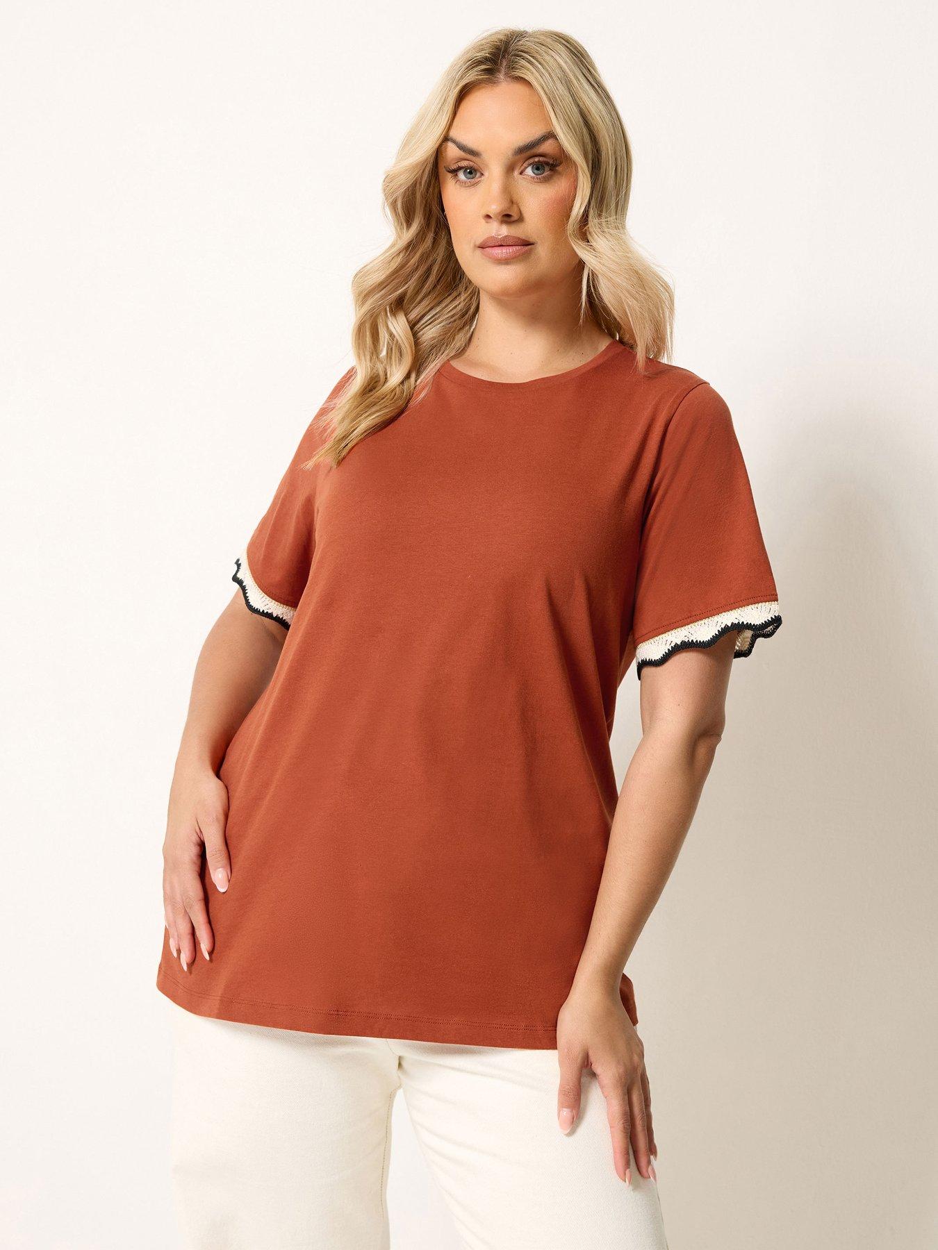Image 1 of 4 of Yours Curve Lurex Trim T-Shirt - Orange