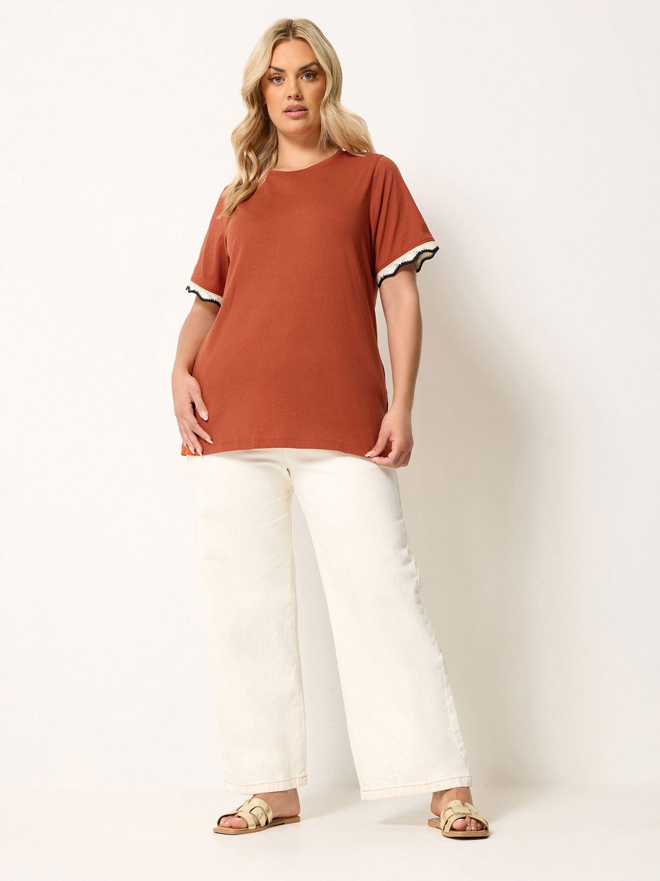 Image 3 of 4 of Yours Curve Lurex Trim T-Shirt - Orange