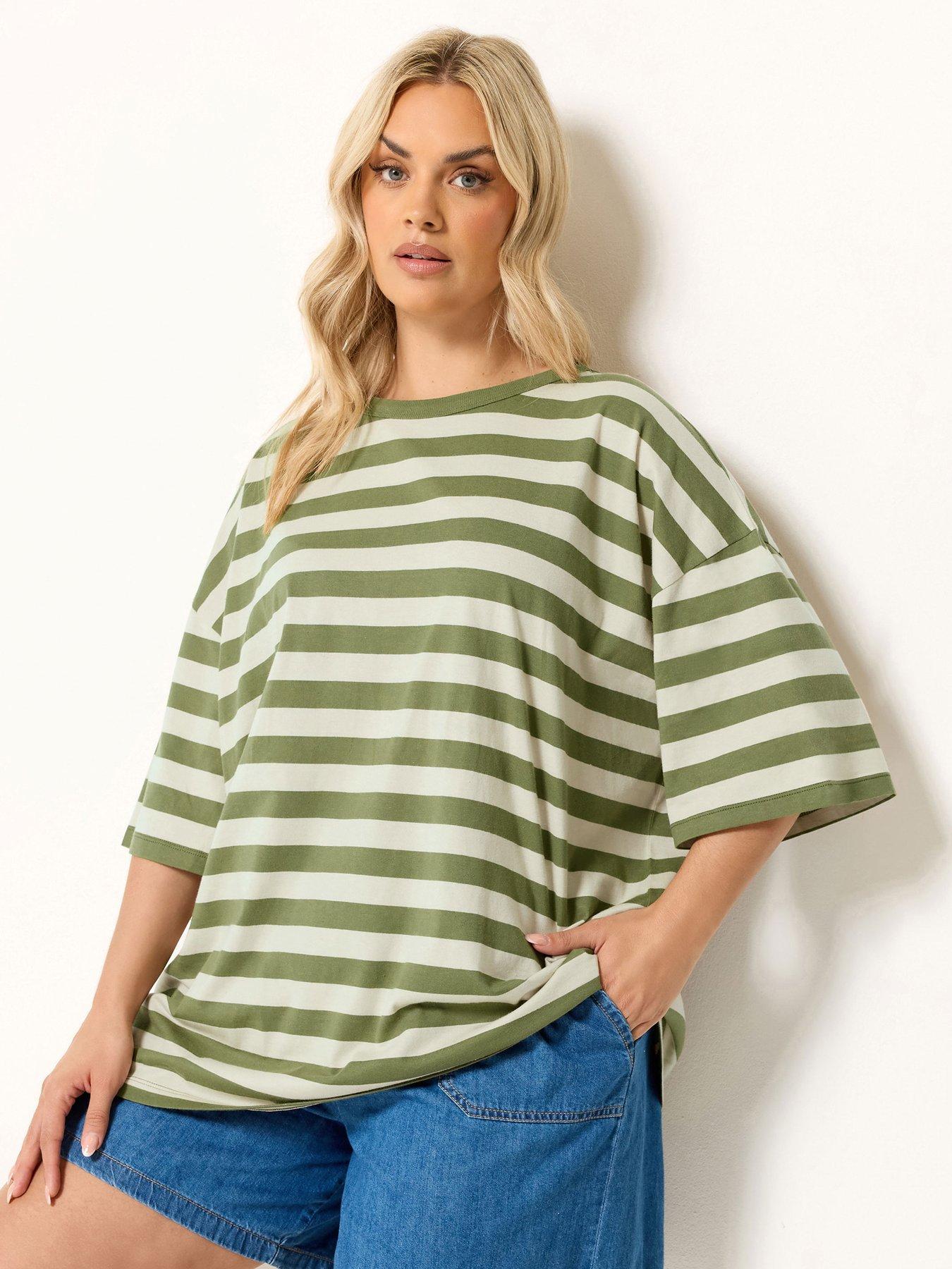 Yours Curve Striped Boxy T-Shirt - Green