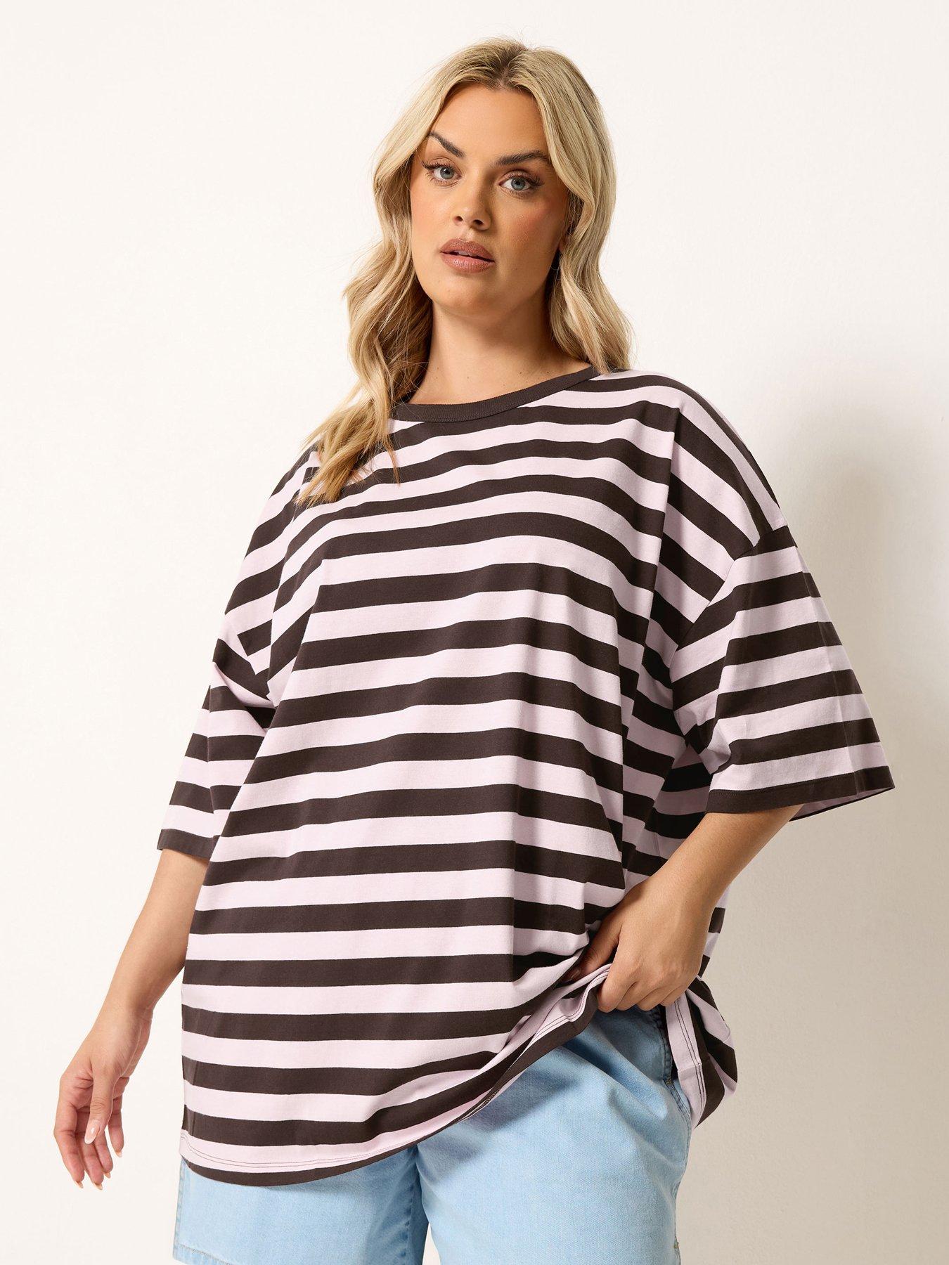 Yours Curve Striped Boxy T-Shirt - Pink