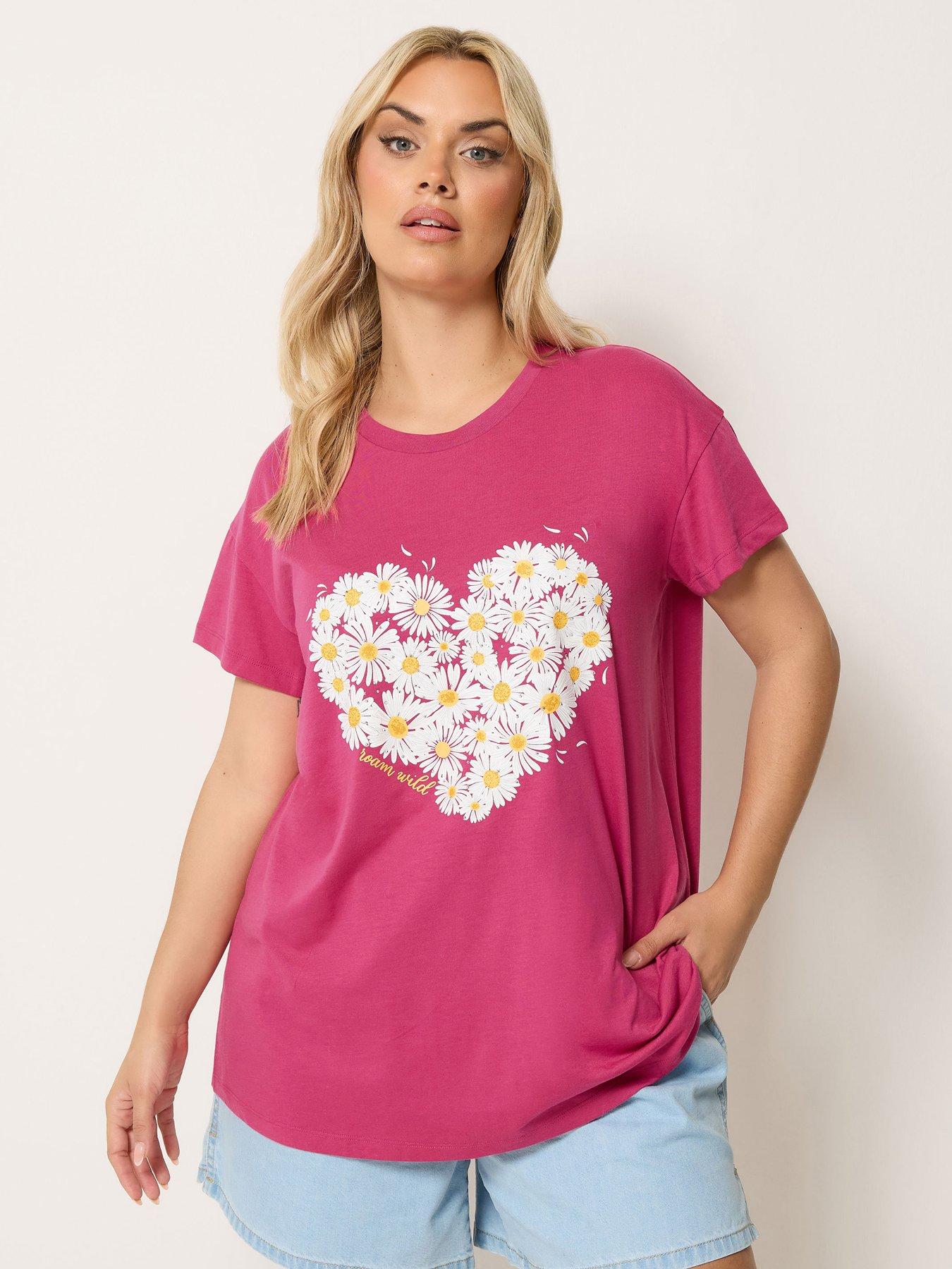 Yours Curve Printed Placement Core T-Shirt - Pink