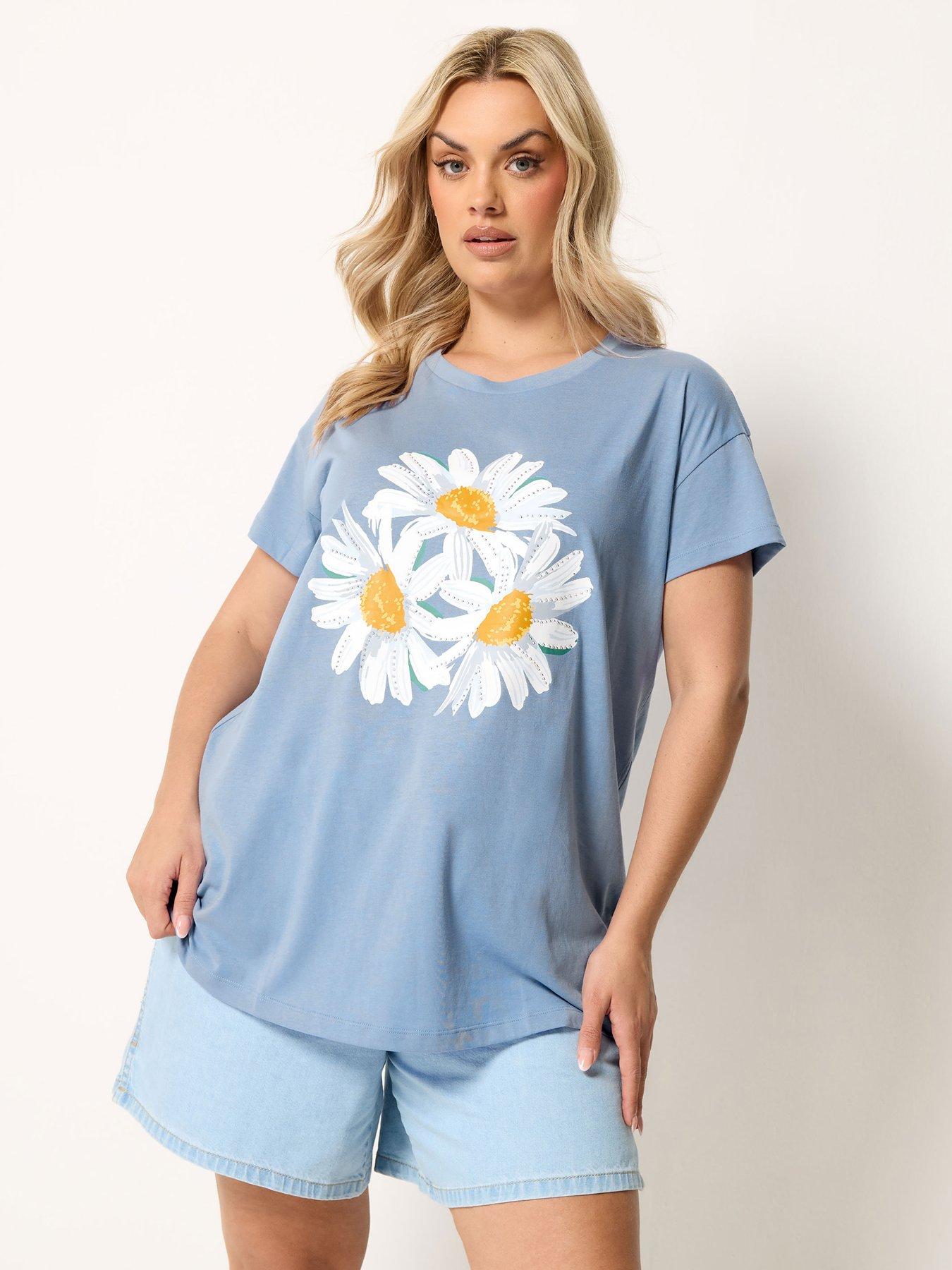 Yours Curve Printed Placement Core T-Shirt - Blue