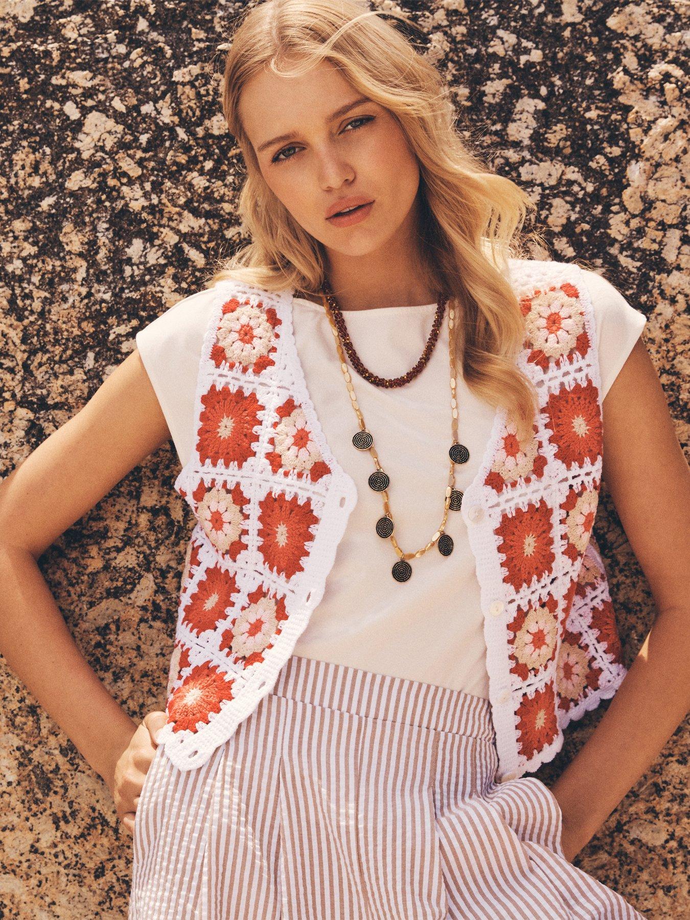 front image of apricot-crochet-button-through-vest-red