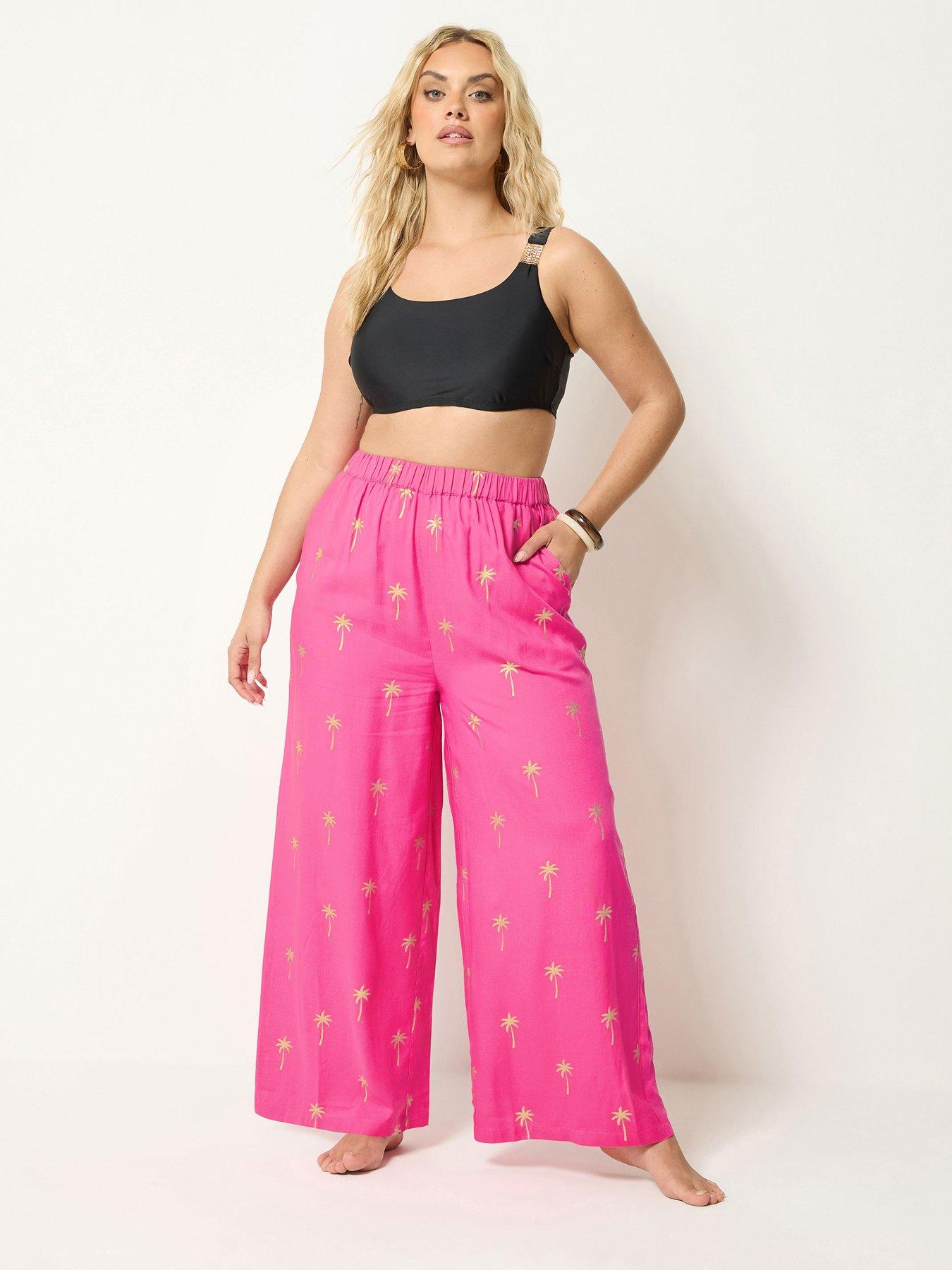 Yours Curve Foil Palm Tree Print Beach Trousers - Pink