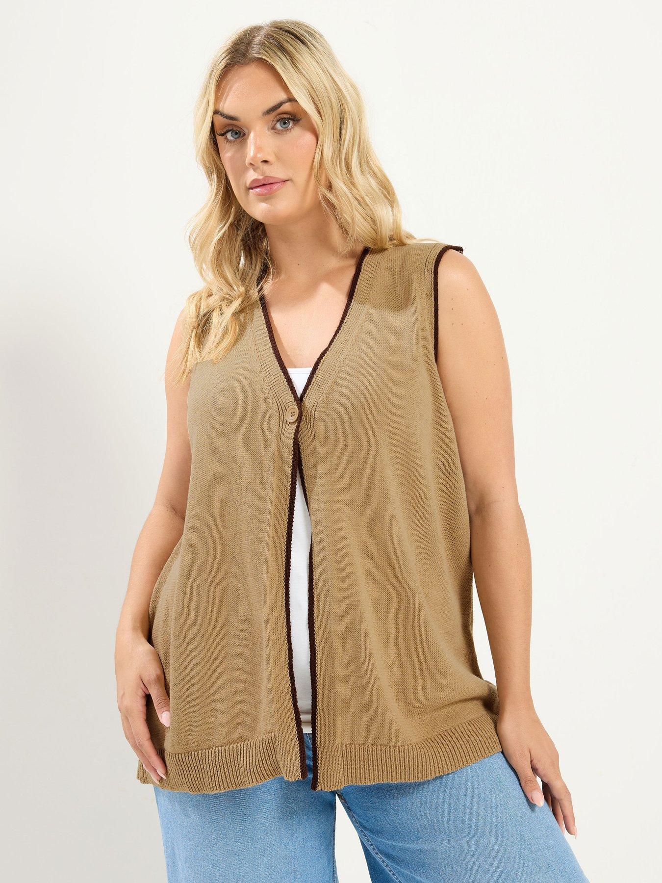 Yours Curve Contrast Trim Knitted Waistcoat - Natural Brown