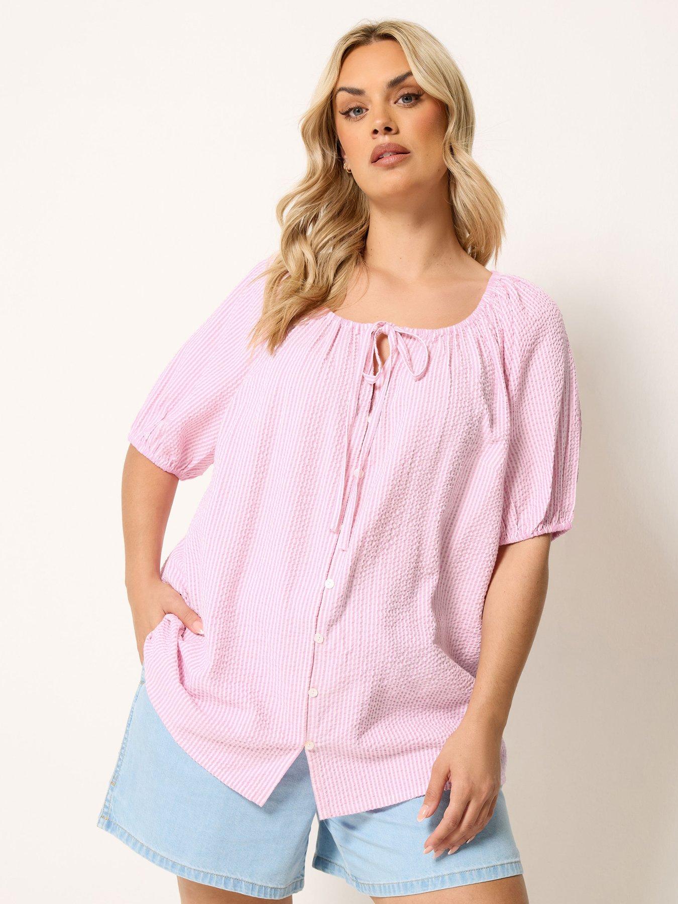 Yours Curve Stripe Tie Neck Top - Pink