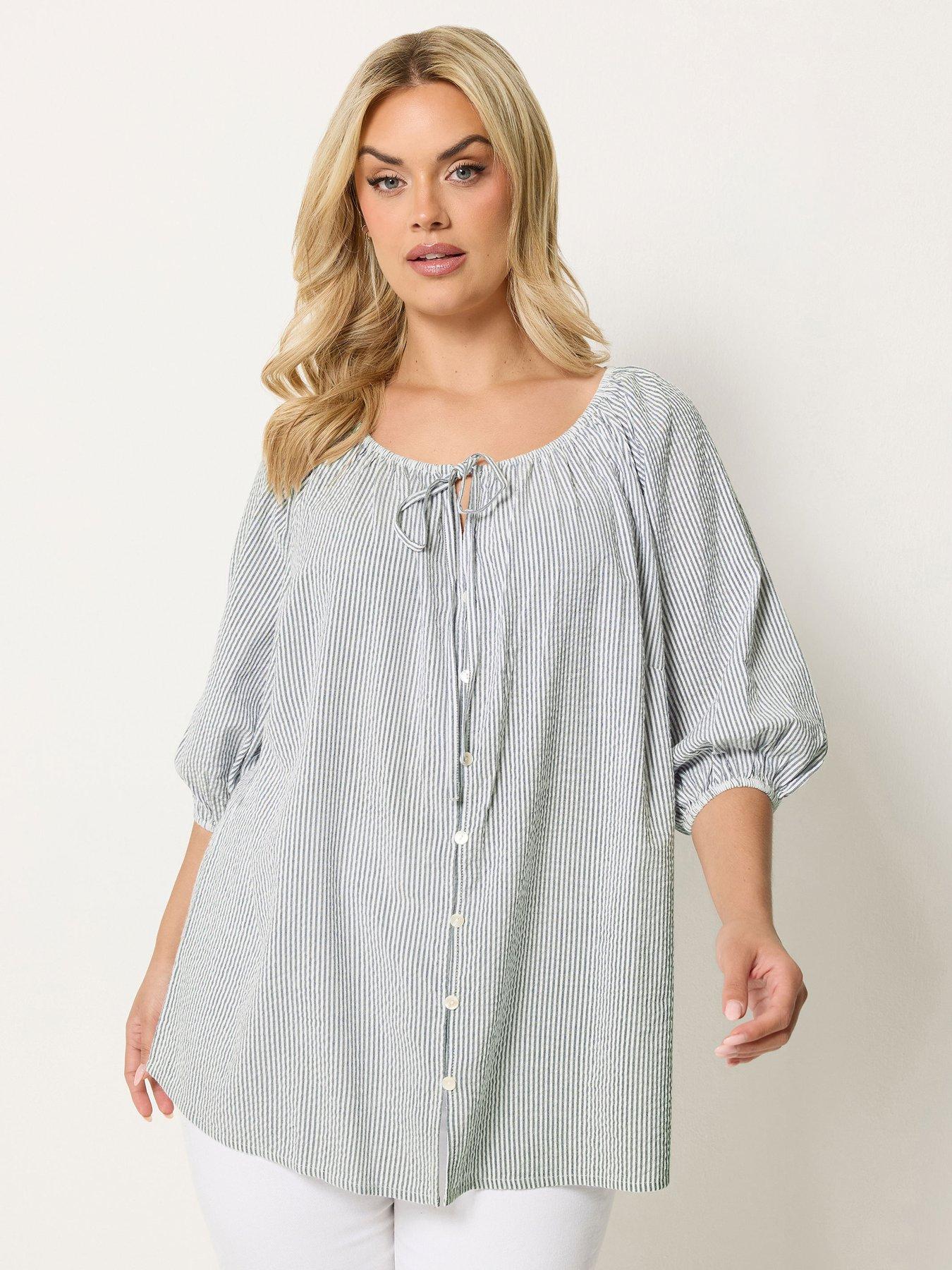 Yours Curve Stripe Tie Detail Top - Blue