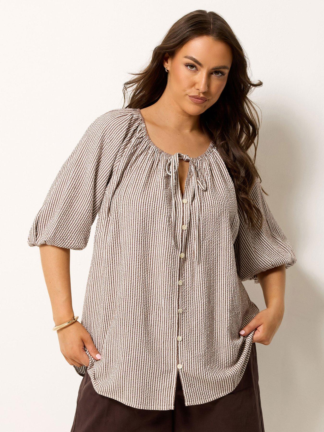 Image 1 of 4 of Yours Curve Stripe Print Puff Sleeve Blouse - Brown