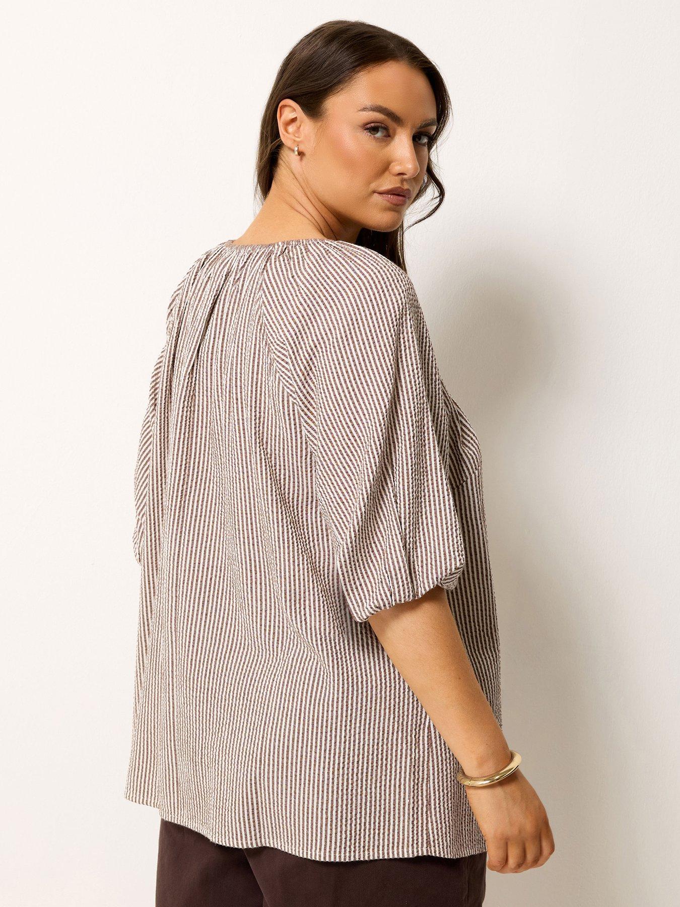 Image 2 of 4 of Yours Curve Stripe Print Puff Sleeve Blouse - Brown