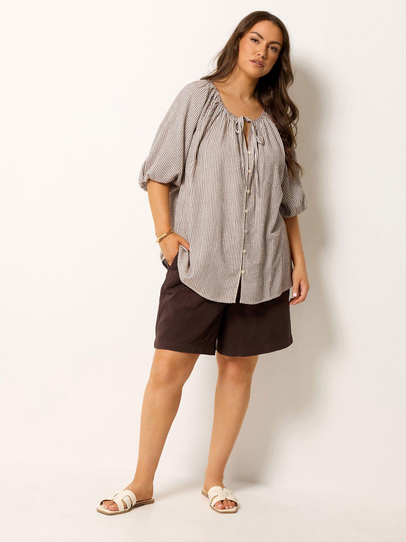 Image 3 of 4 of Yours Curve Stripe Print Puff Sleeve Blouse - Brown