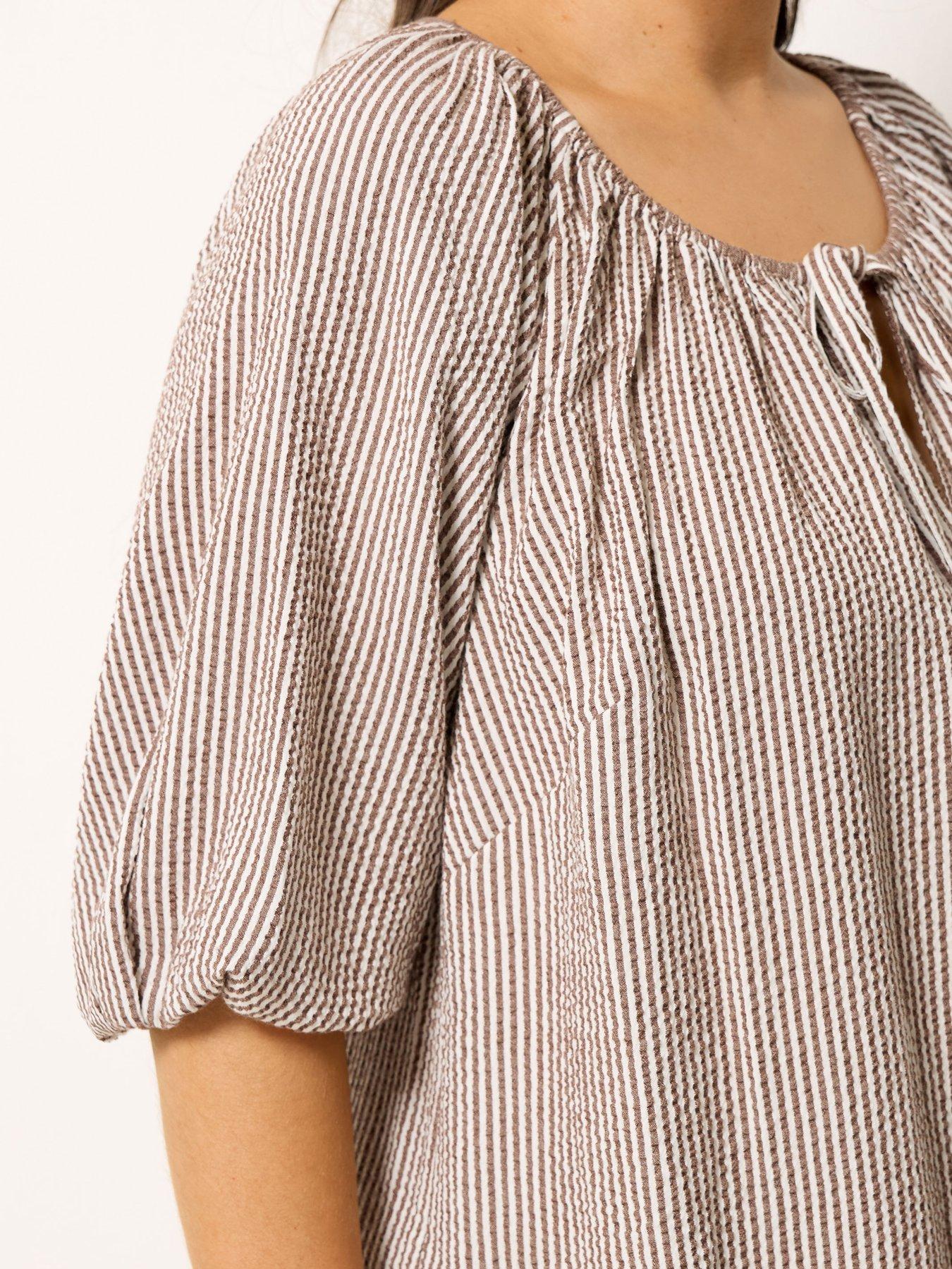 Image 4 of 4 of Yours Curve Stripe Print Puff Sleeve Blouse - Brown