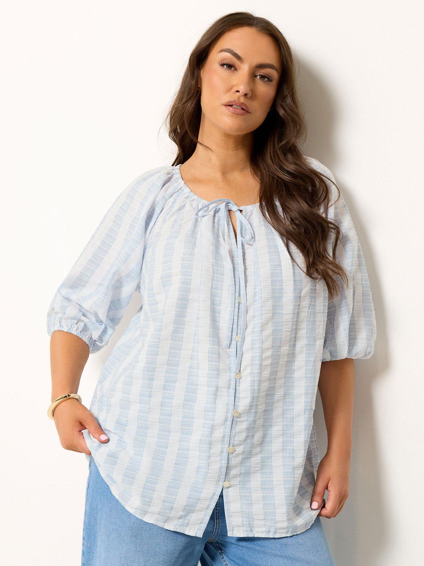 Yours Curve Stripe Tie Neck Top - Blue