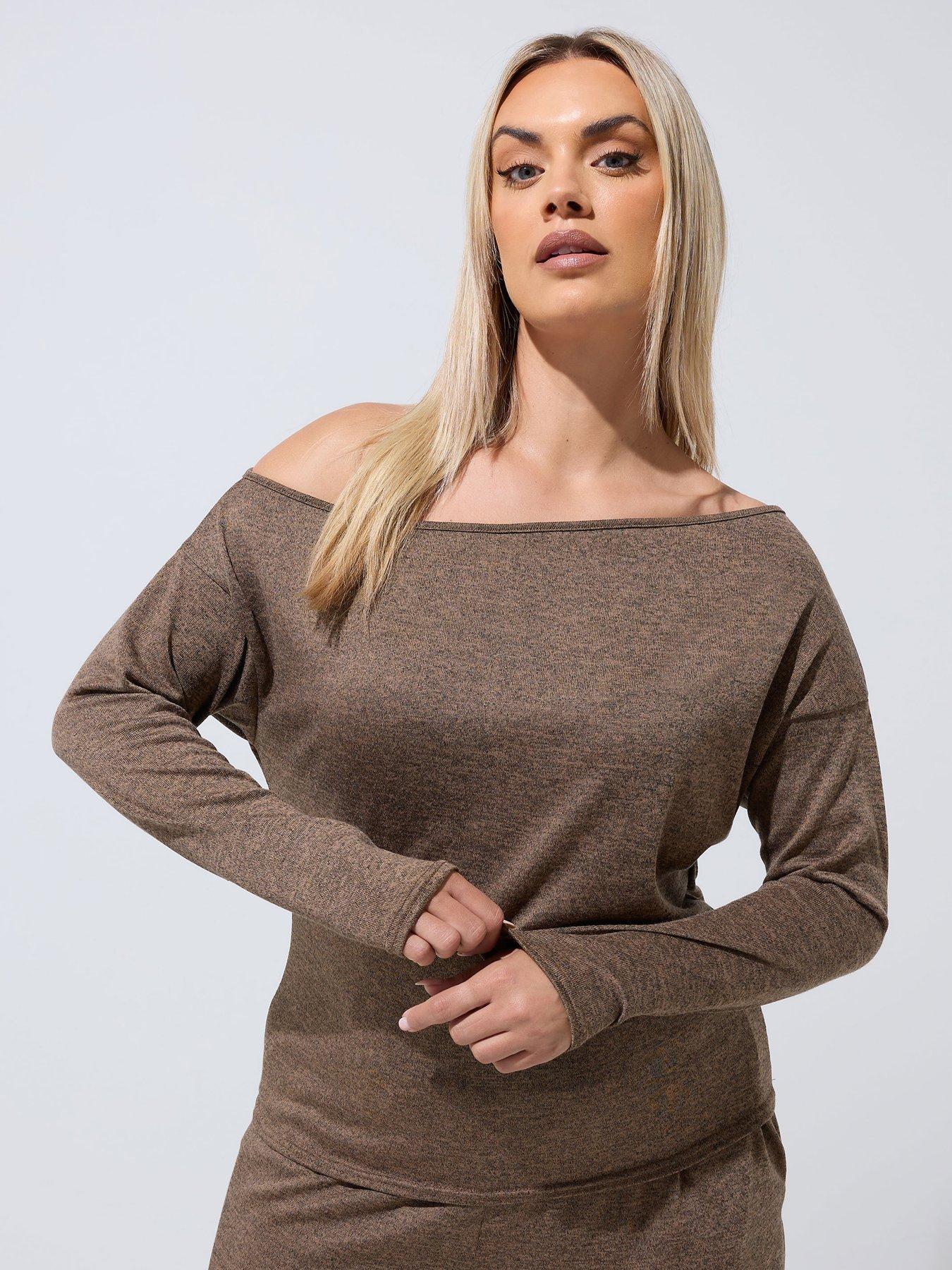 Yours Curve Off Shoulder Slouch Top Co Ord - Natural Brown