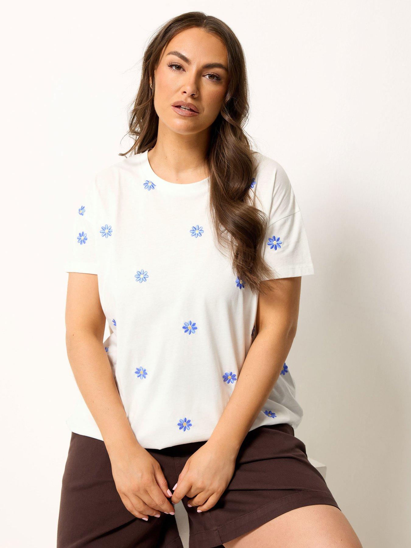 Yours Curve Embroidered Daisy Print T-Shirt - Cream