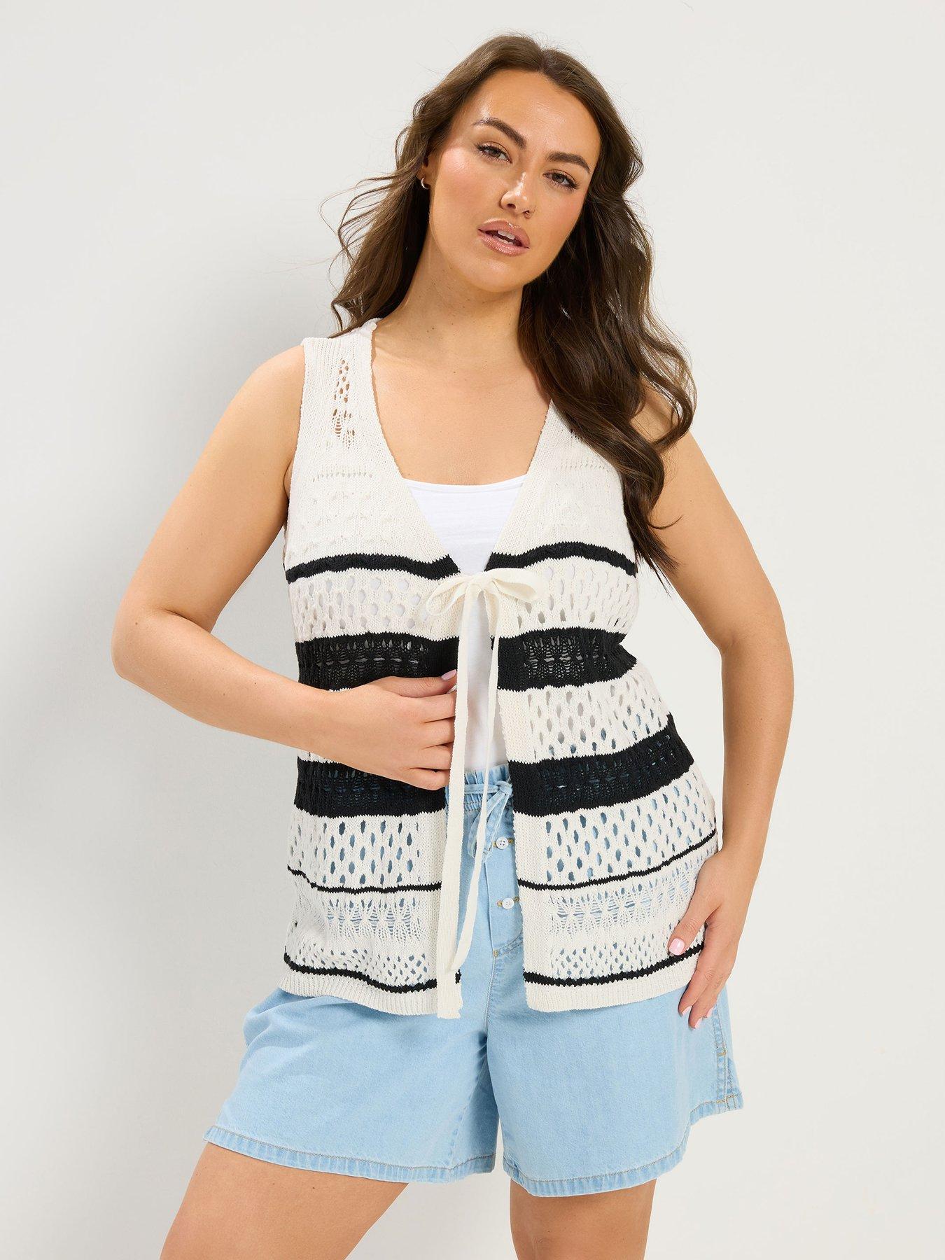 Yours Curve Crochet Striped Tie Front Overlayer - White