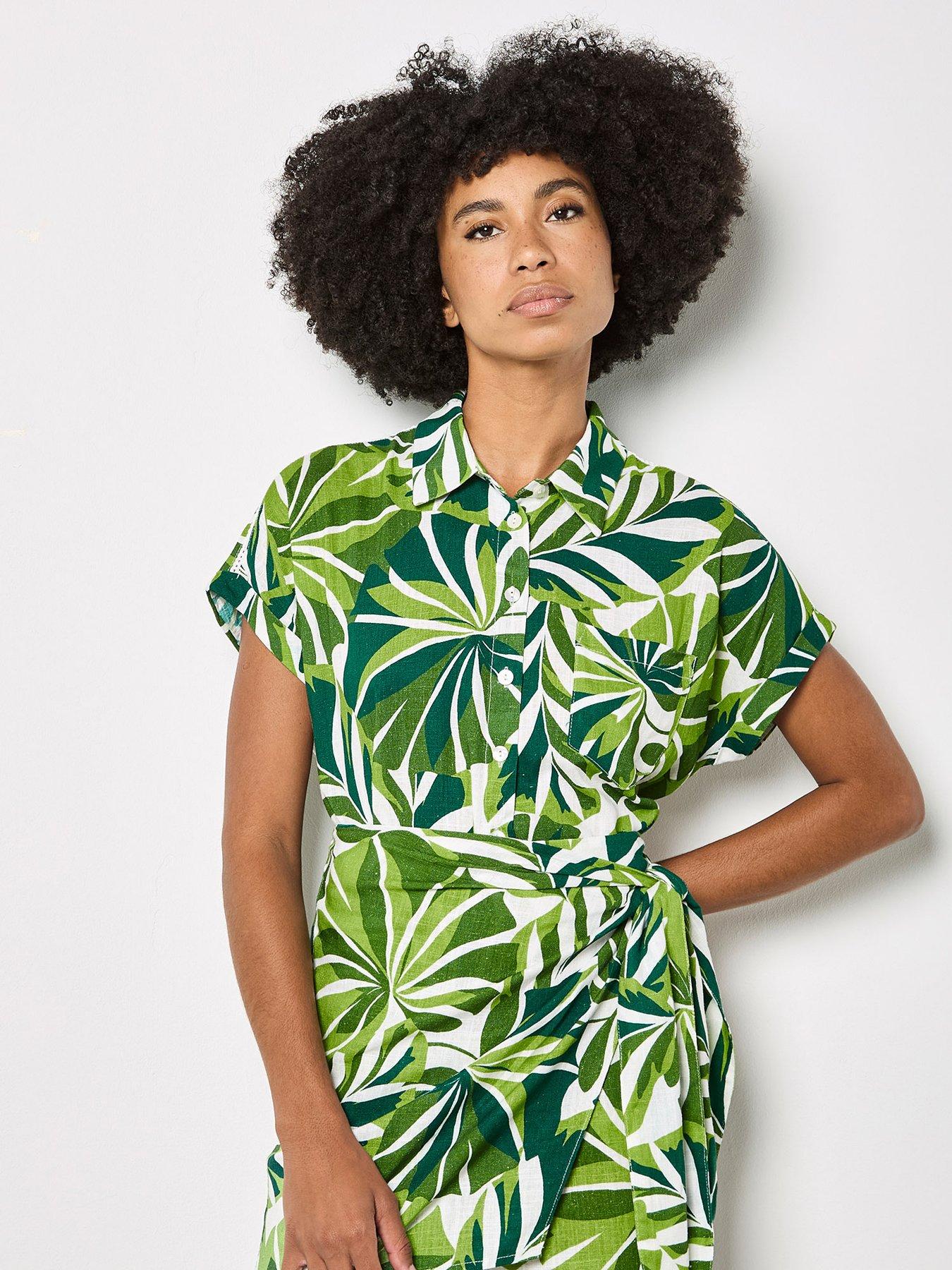 Apricot Layered Graphic Tropical In Ladder Stitch Linen Shirt - Green