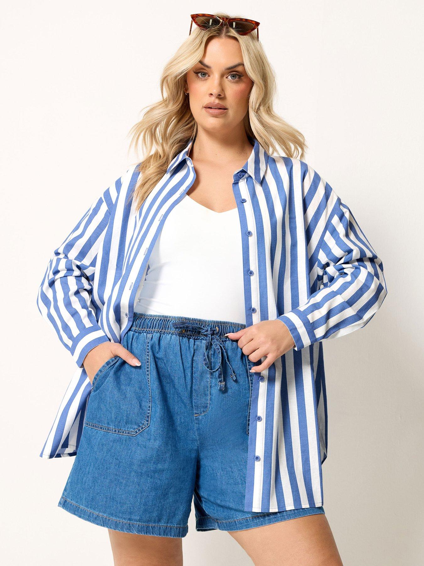 Yours Curve Printed Long Sleeve Linen Shirt - Blue