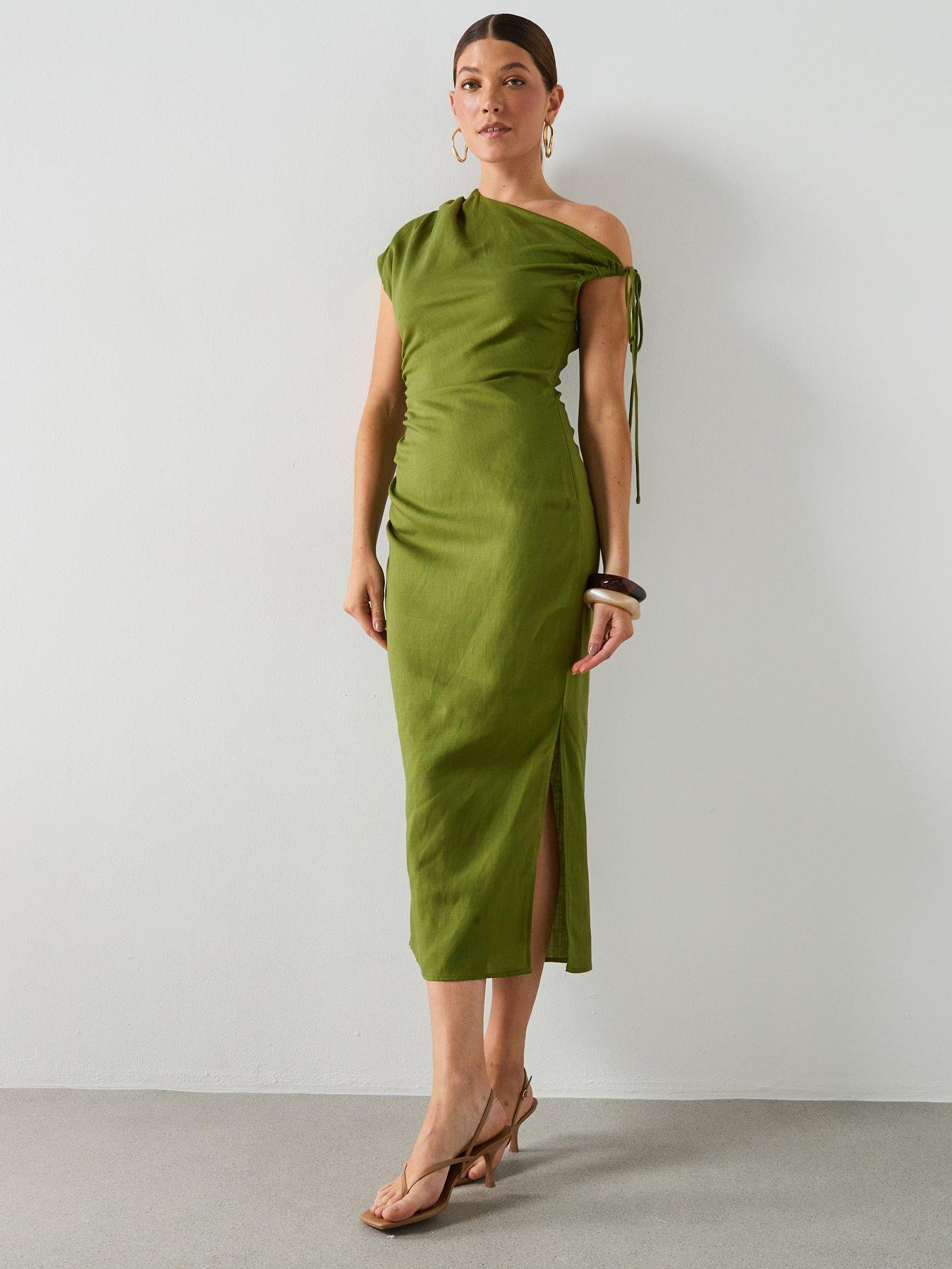 Mango Asymmetric Side Ruched Dress - Green