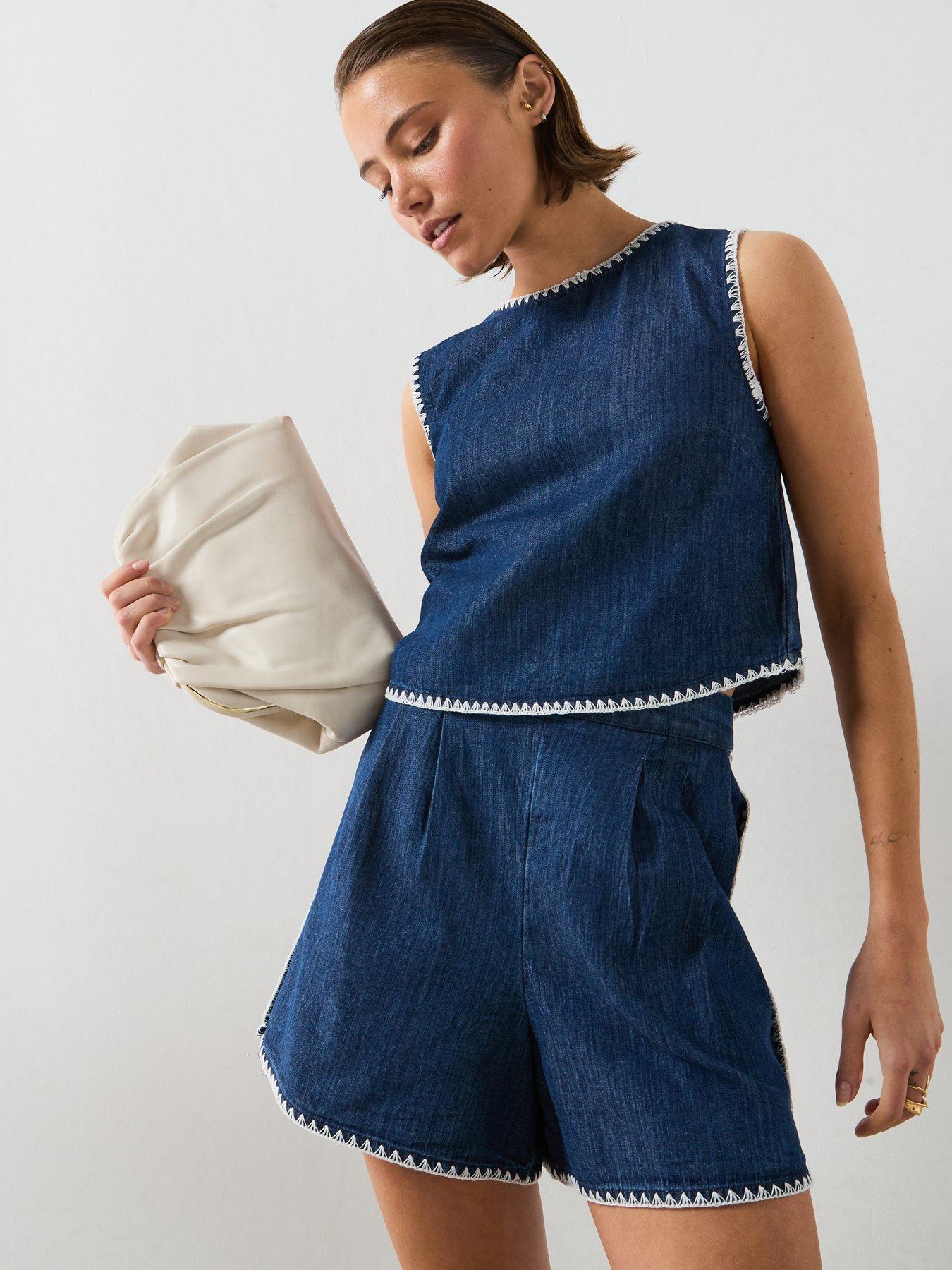 Mango Contrast Trim Co-Ord Denim Shorts - Blue