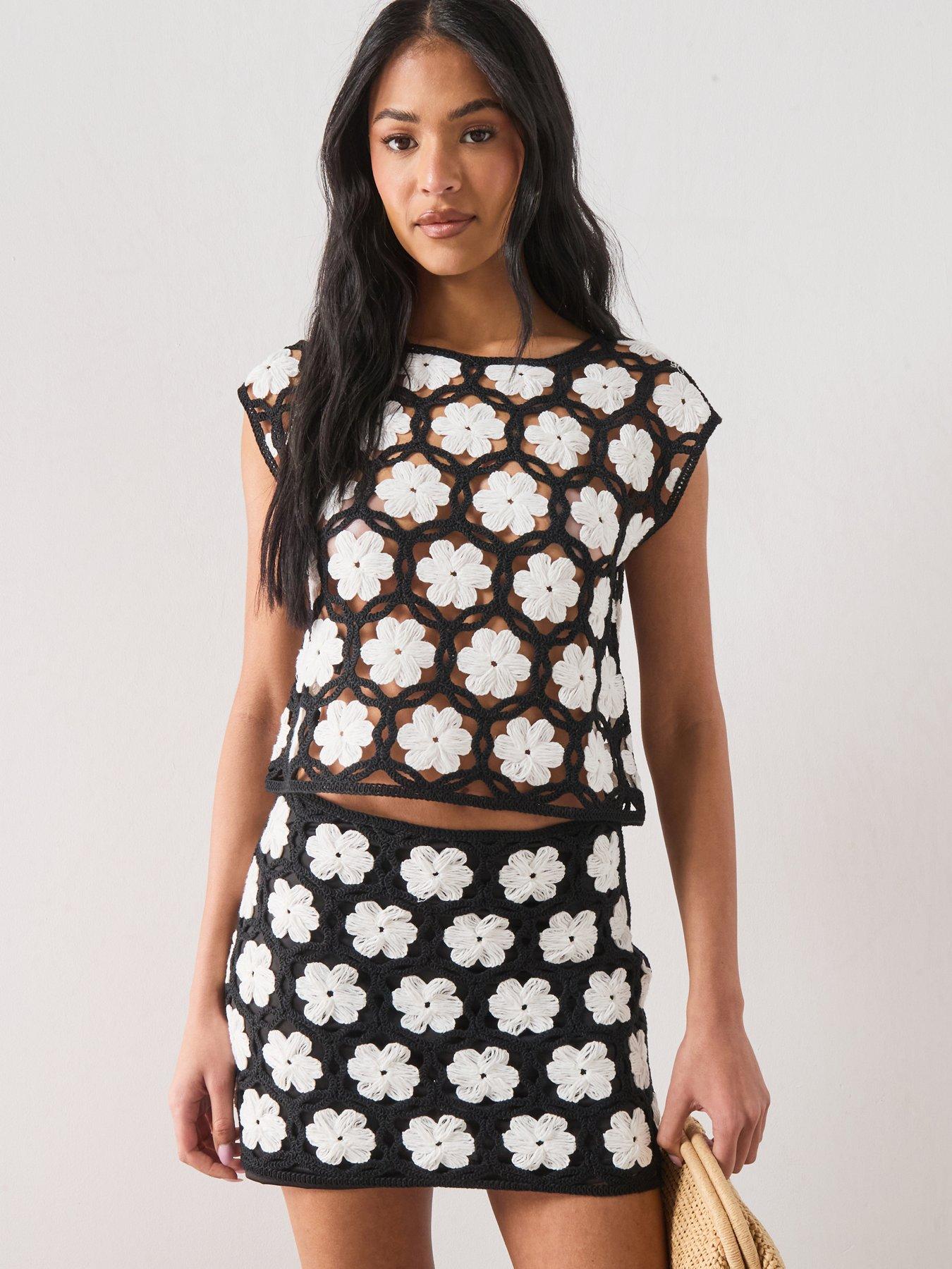 Mango Crochet Co-ord Sweater With Flowers - Black
