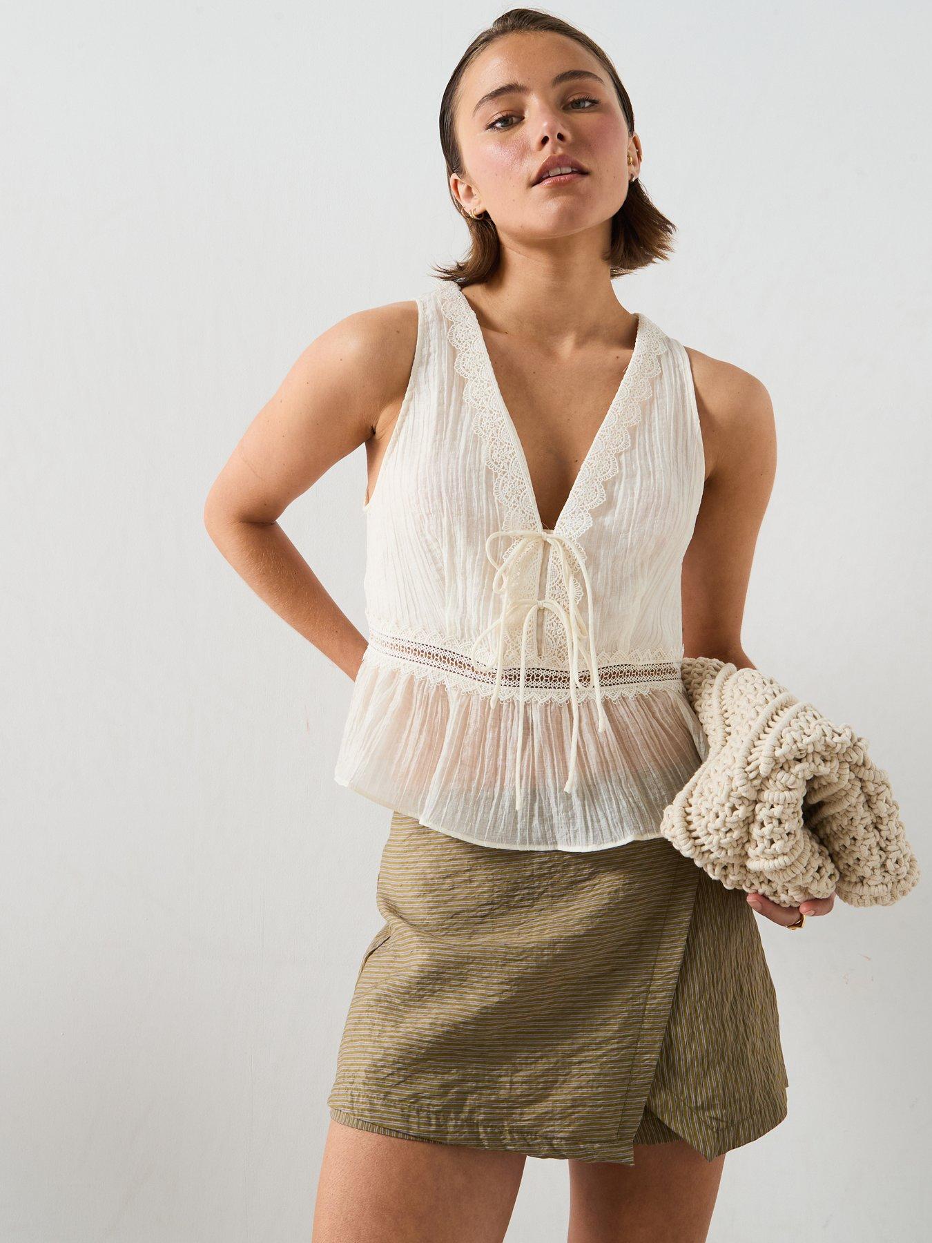 Mango Lyocell Top With Contrasting Trim - Cream
