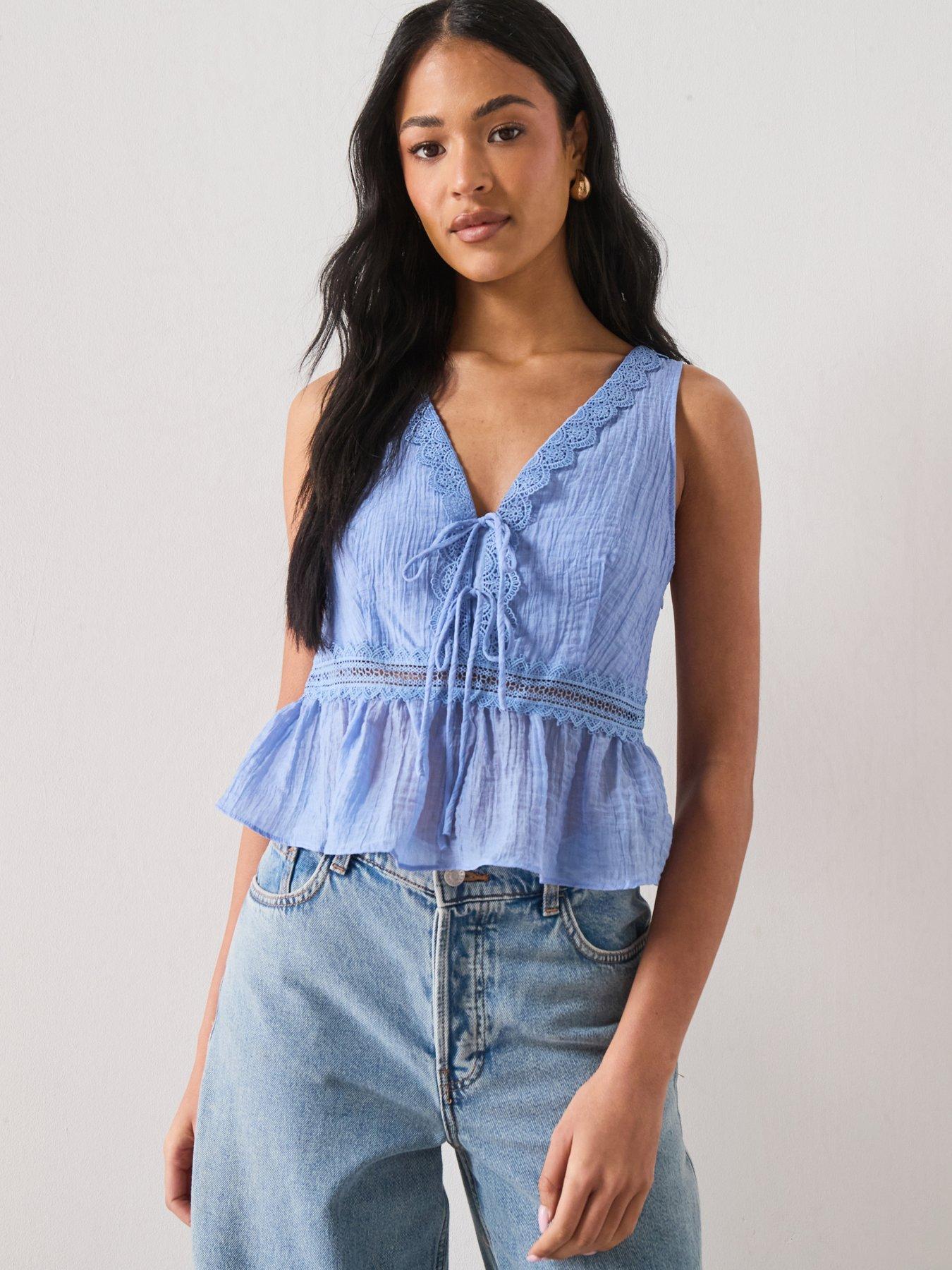 Mango Lyocell Top With Contrasting Trim - Blue
