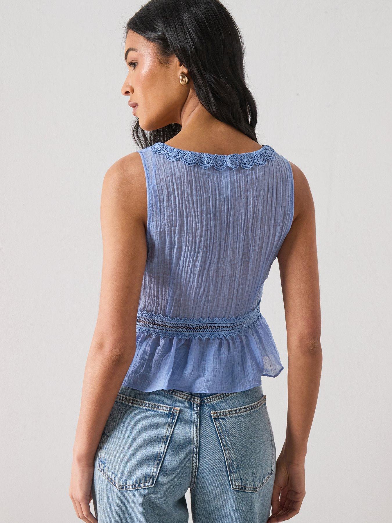 Image 2 of 6 of Mango Lyocell Top With Contrasting Trim - Blue