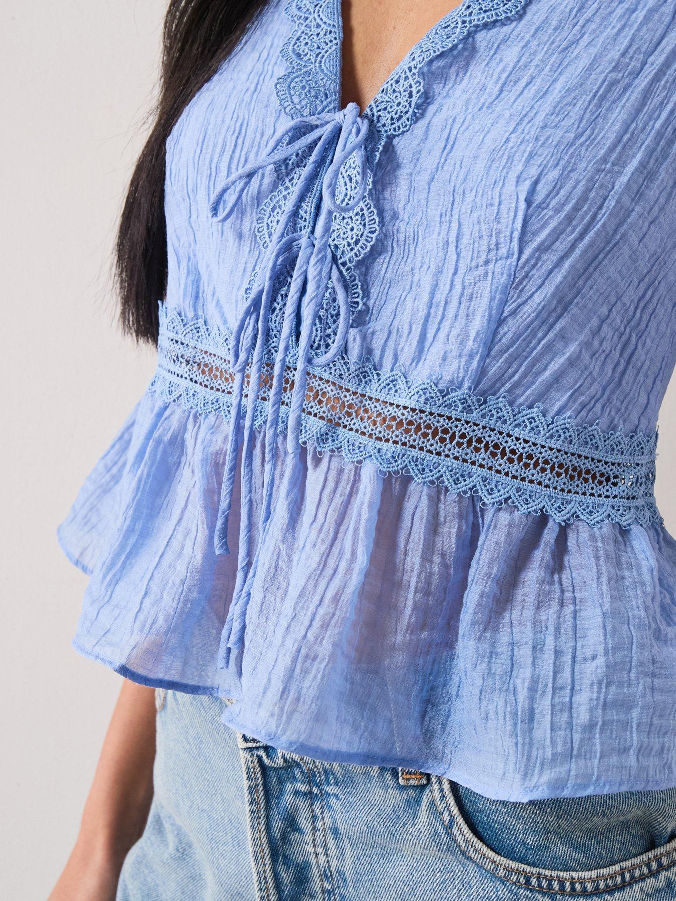 Image 4 of 6 of Mango Lyocell Top With Contrasting Trim - Blue