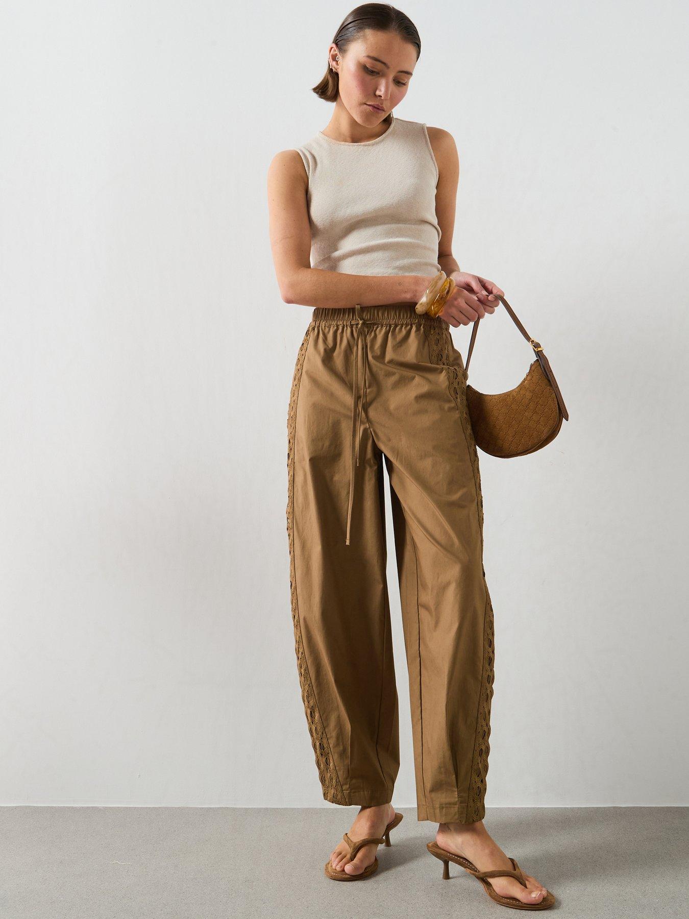 Mango 100% Cotton Trousers With Embroidered Stripe - Khaki