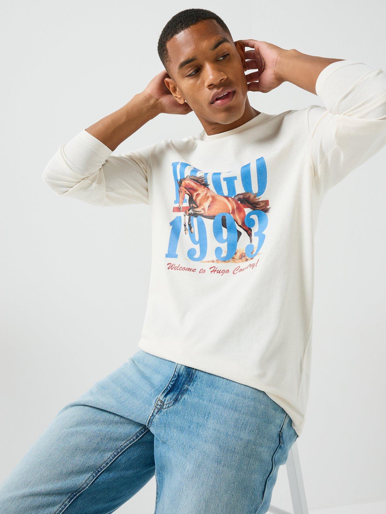 Image 5 of 5 of HUGO Blue Nevalon Horse Graphic Long Sleeve T-Shirt - White