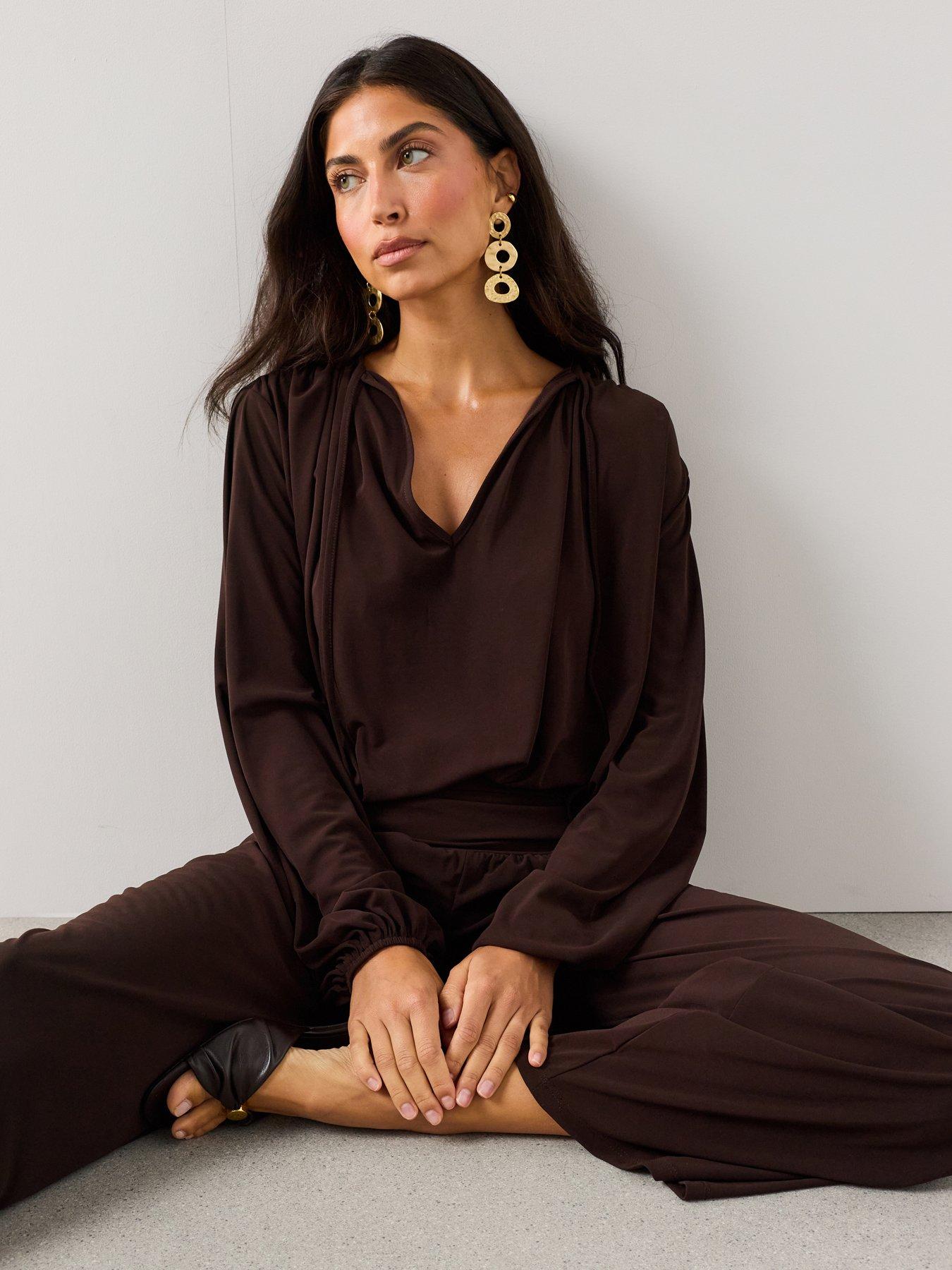 The Very Collection Bubble Hem Volume Sleeve Co-Ord Top - Brown