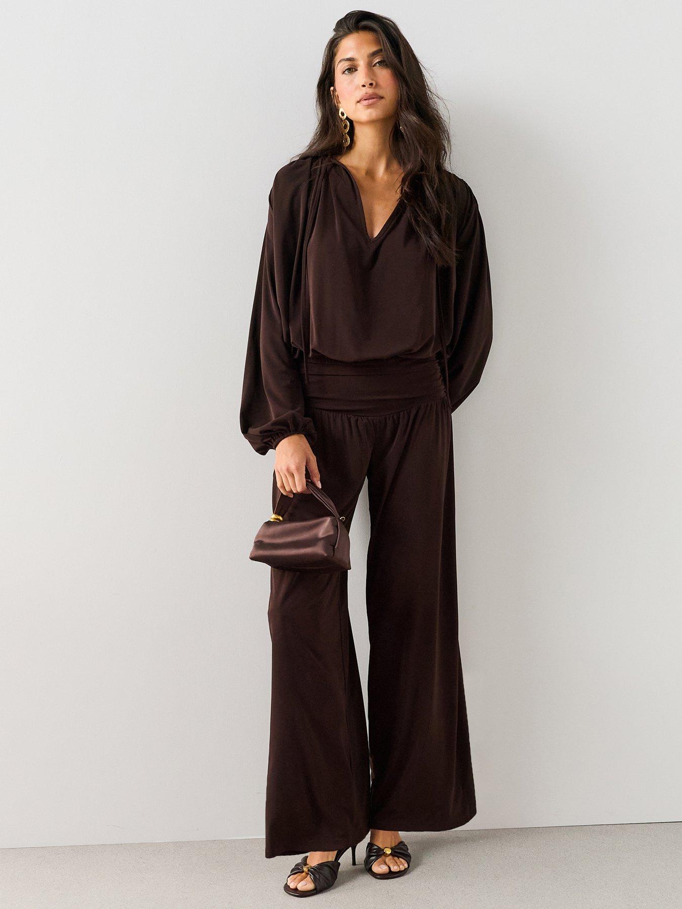 The Very Collection Ruched Waist Wide Leg Co-Ord Trousers - Brown