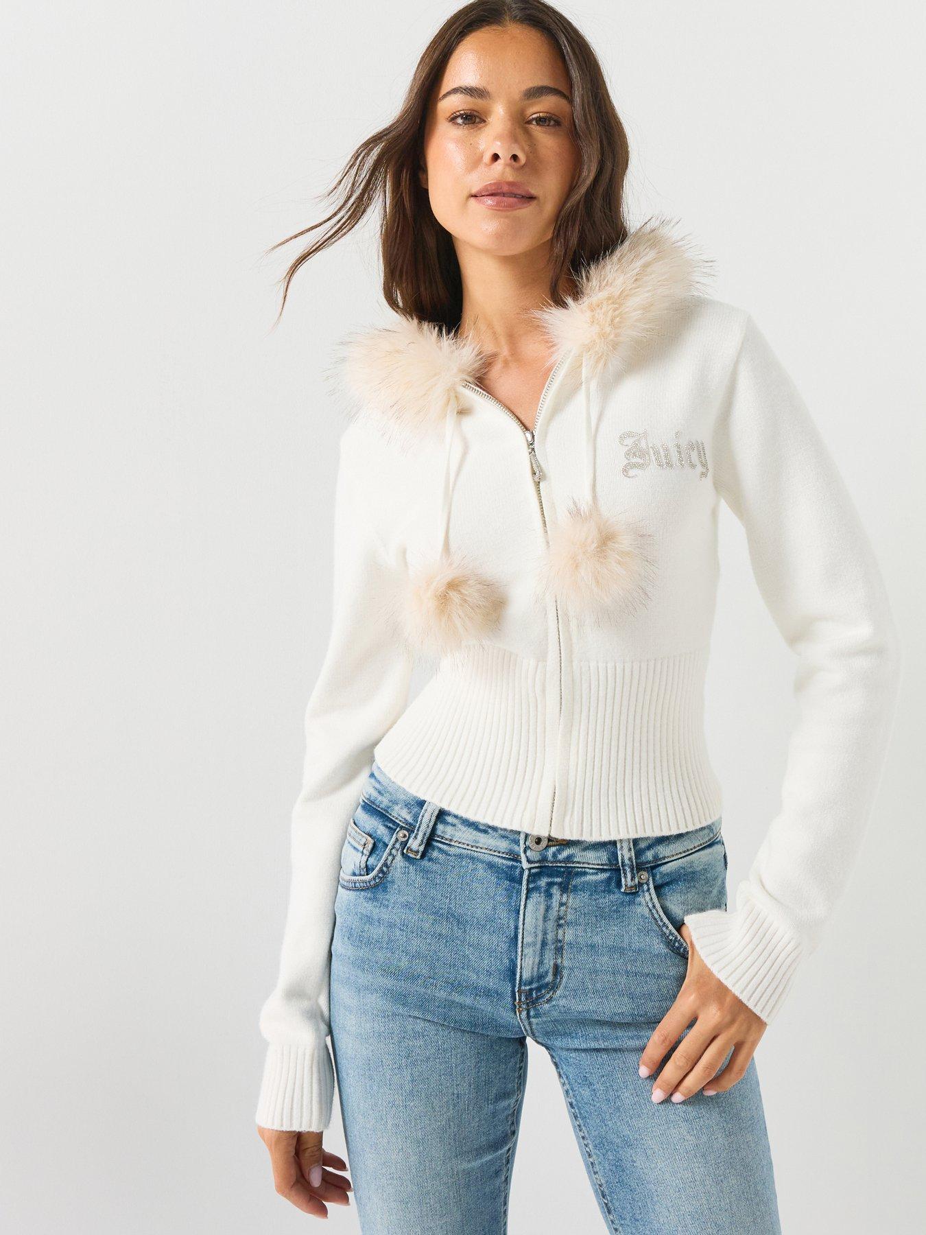 Juicy Couture Knit Diamante Hoodie With Fur Trim - Cream