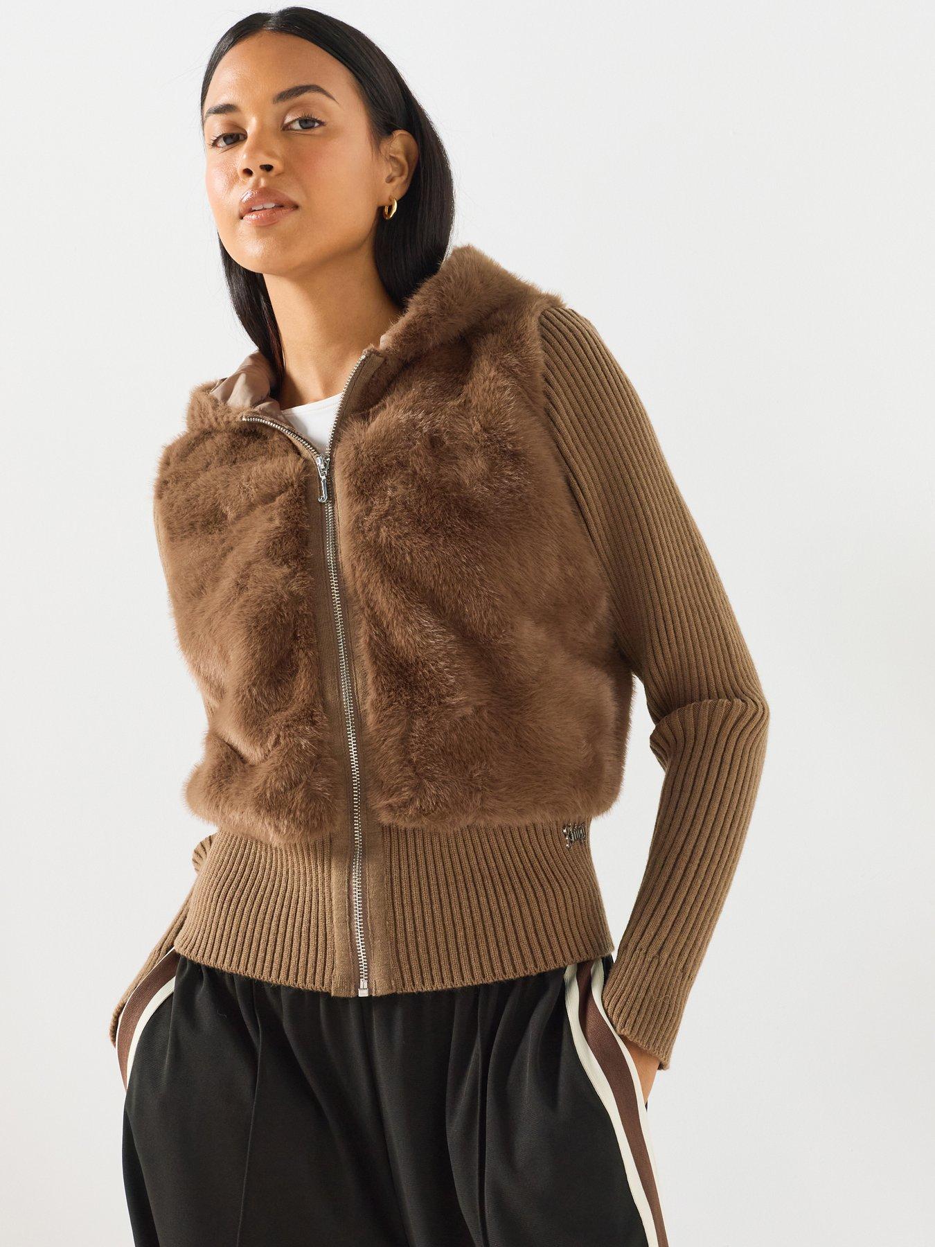 Image 1 of 6 of Juicy Couture Naila Contrast Fur Jacket - Brown