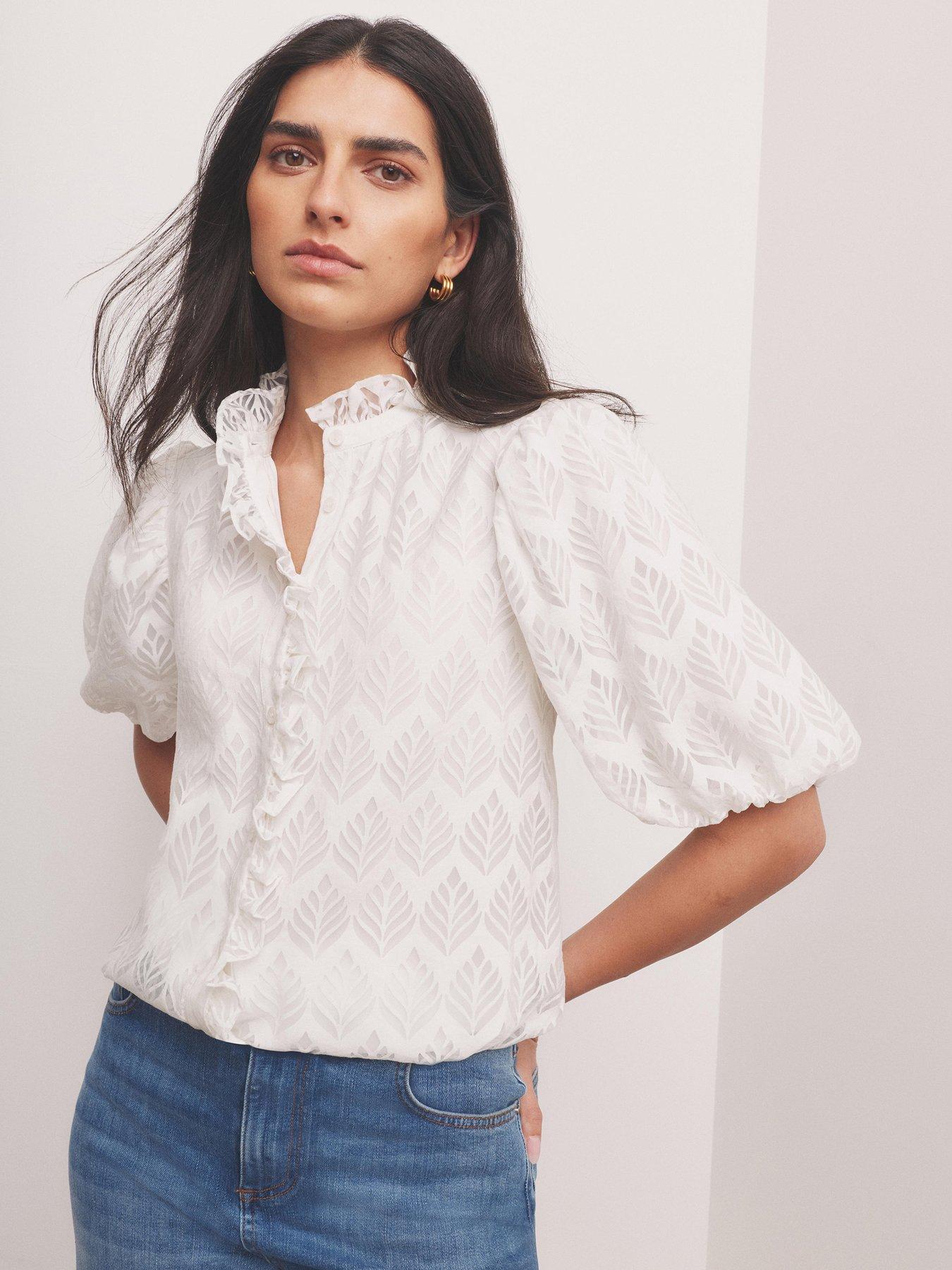 Image 1 of 6 of Mint Velvet White Jacquard Puff Blouse