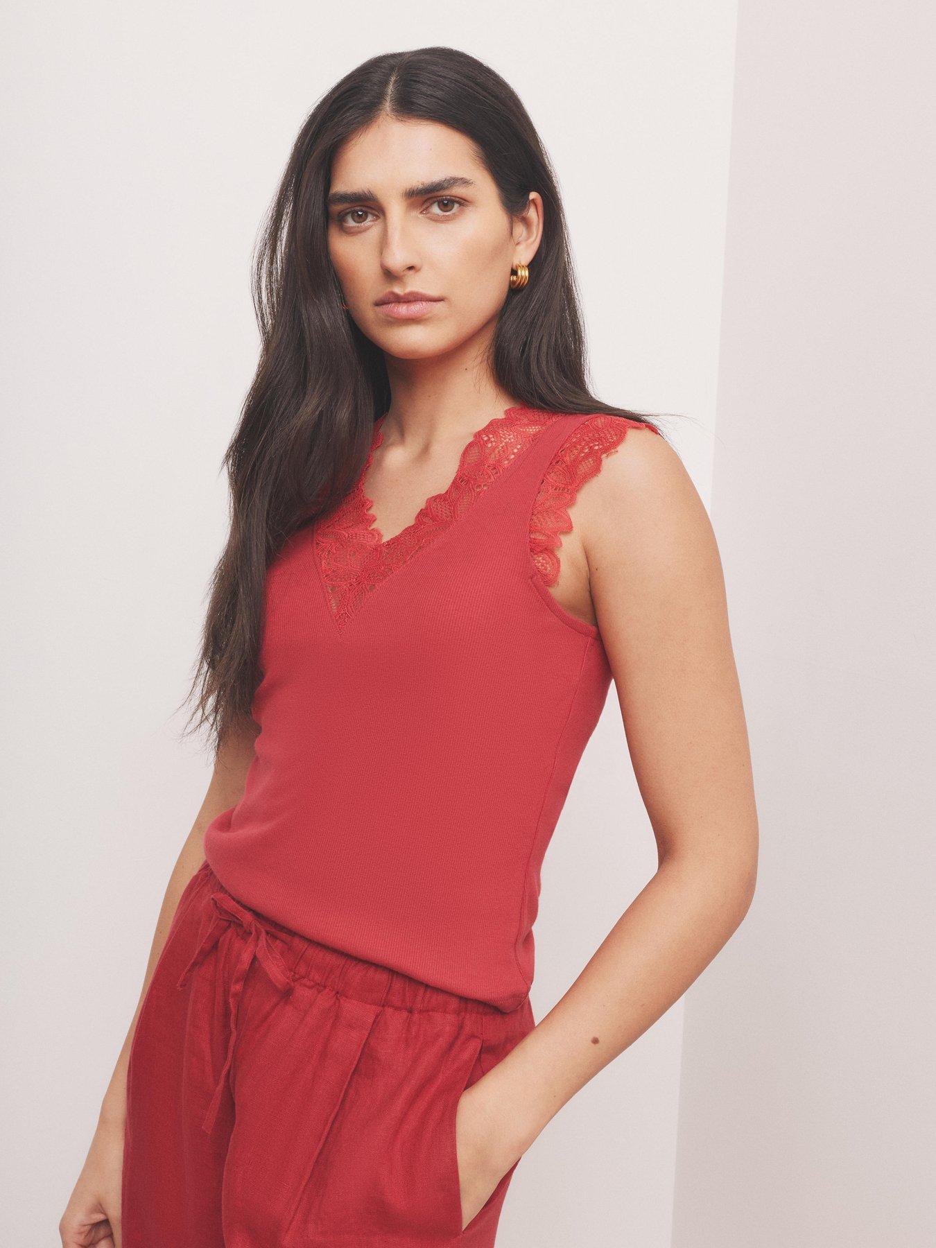front image of mint-velvet-lace-v-sleeveless-top-red