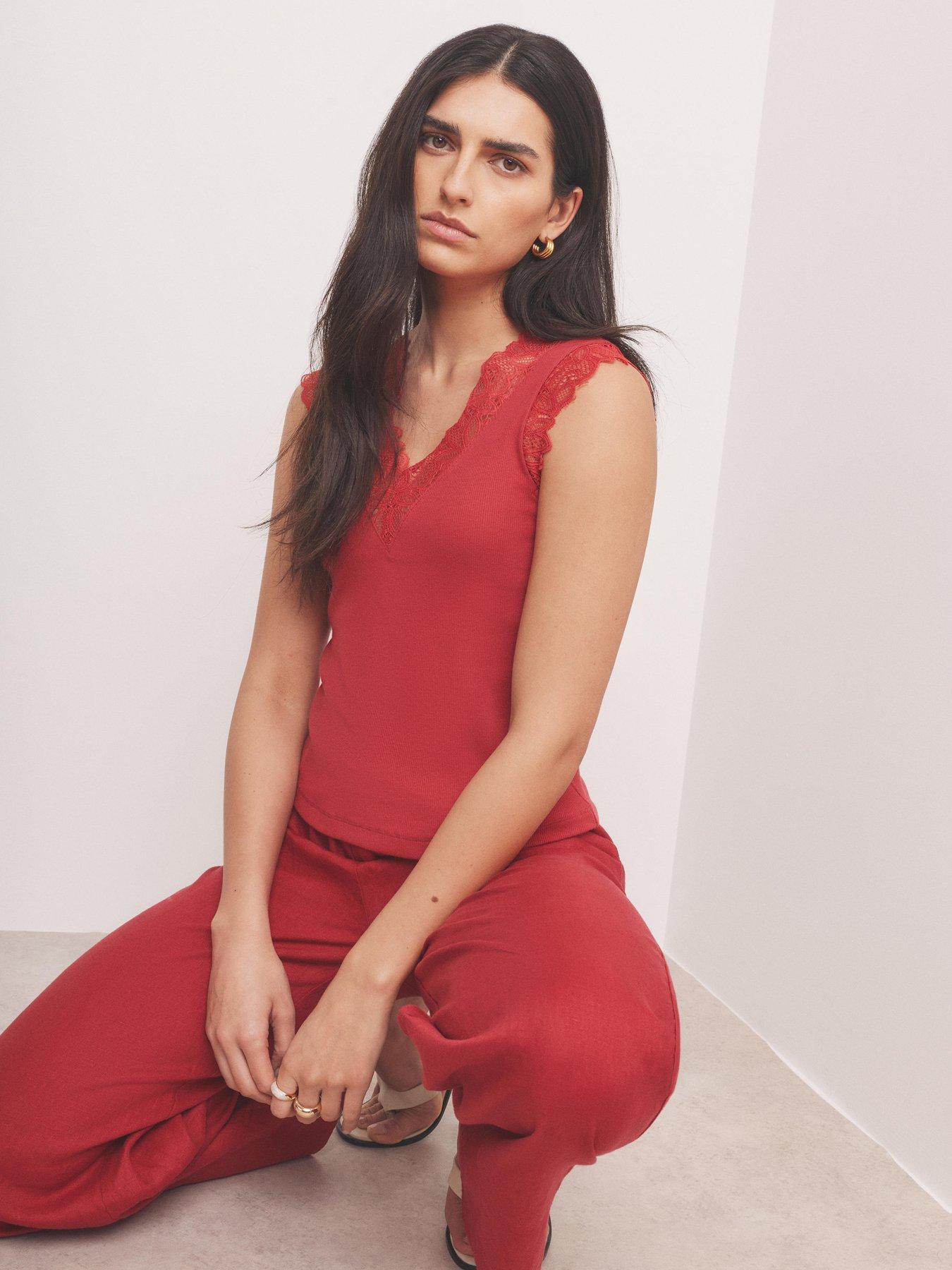  image of mint-velvet-lace-v-sleeveless-top-red