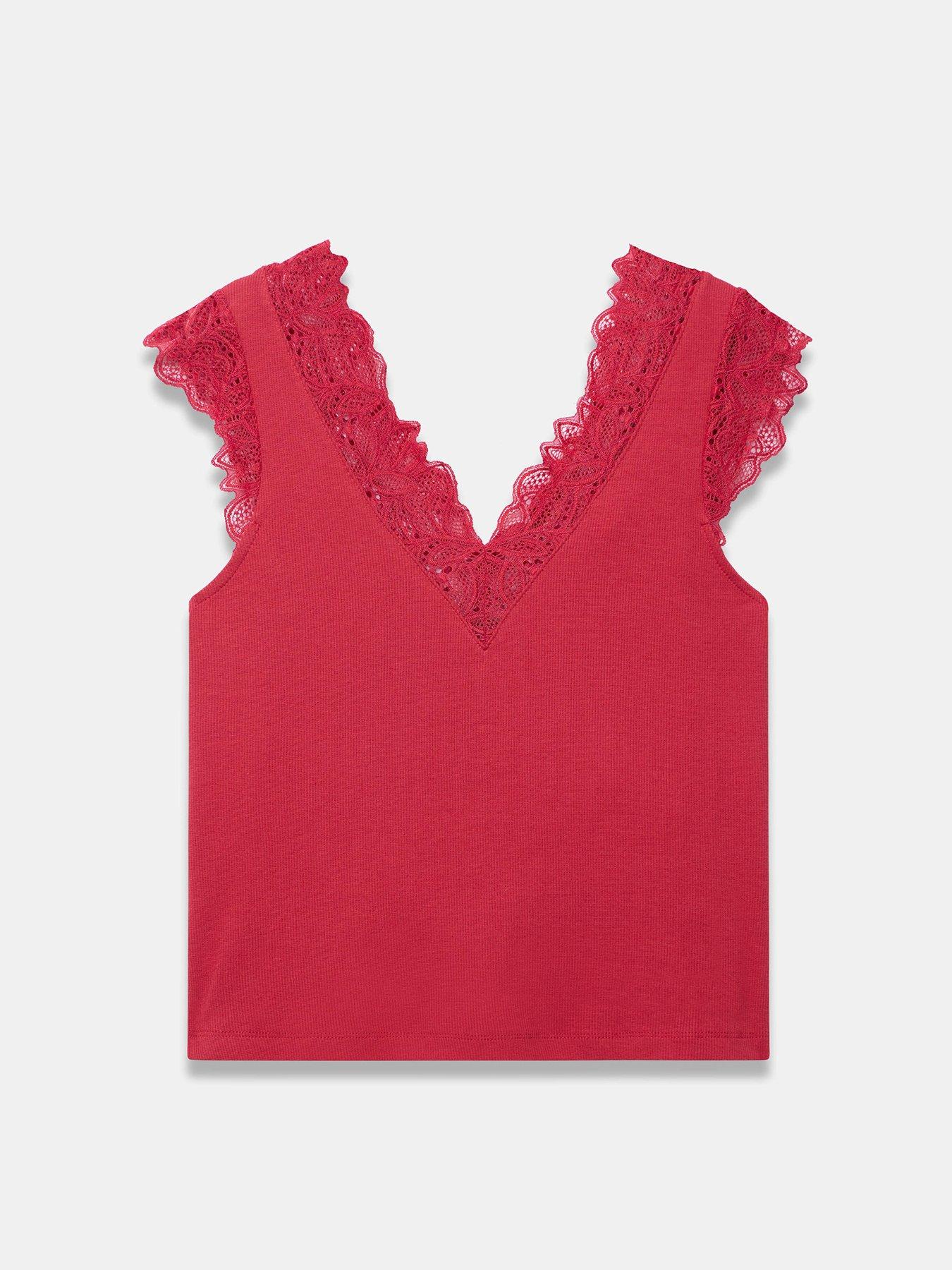  image of mint-velvet-lace-v-sleeveless-top-red